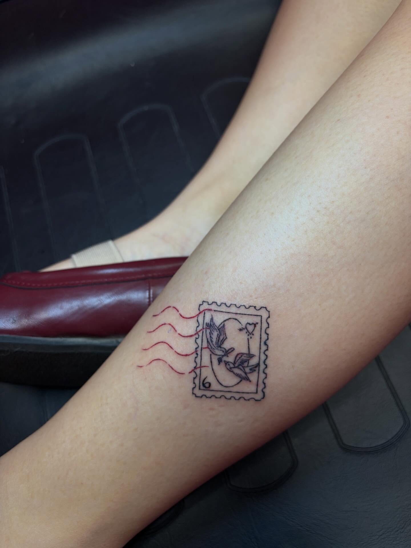 Postage stamp black and grey tattoo on the forearm by Vegas Tattoo Mommy ๐๐, Las Vegas, Nevada
