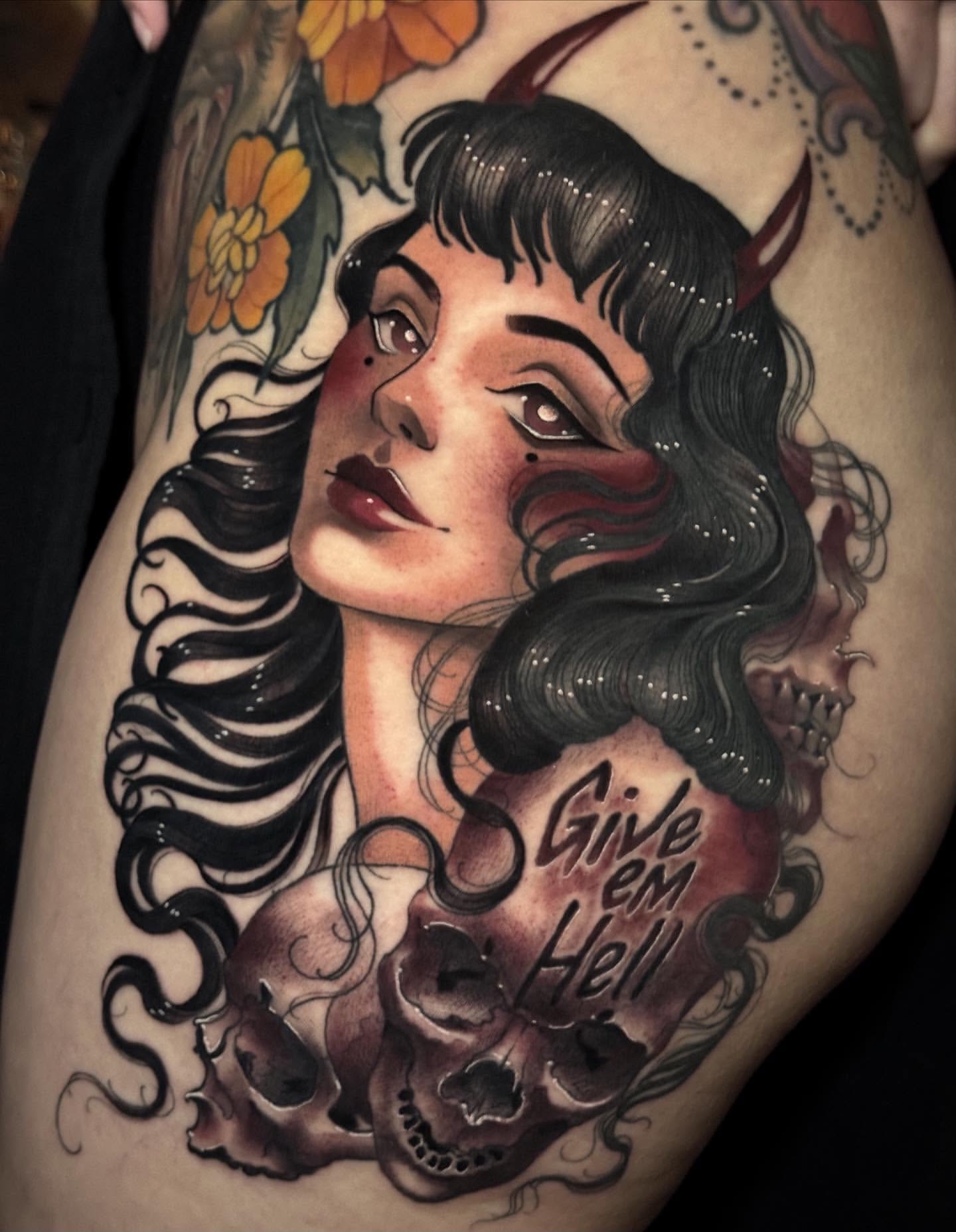 Woman with skulls American traditional tattoo on the shoulder by πππ±π±π¬π¬ ππ―π±π¦π°π±