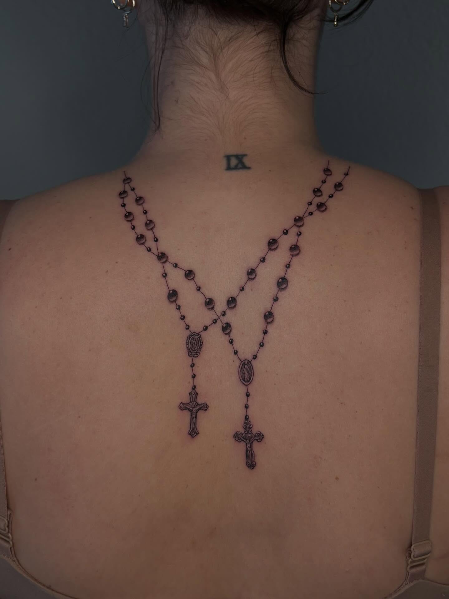 Rosary black and grey tattoo on the back by Nayoung, San Francisco, California