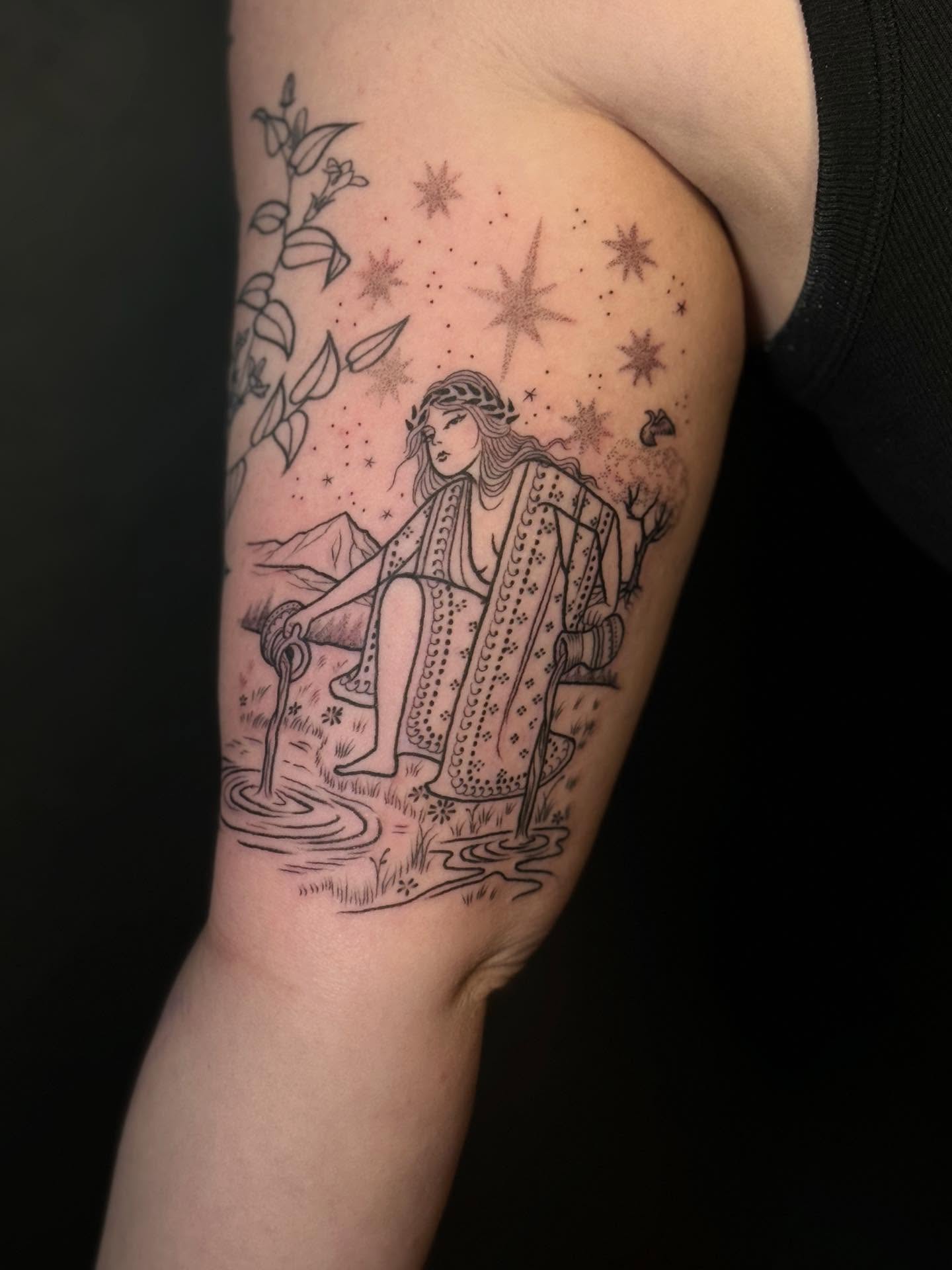Woman with starry background black and grey tattoo on the forearm by Annie Mess