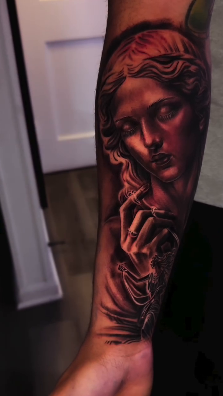Bust of a woman with hands realism tattoo by Miguel Garcia