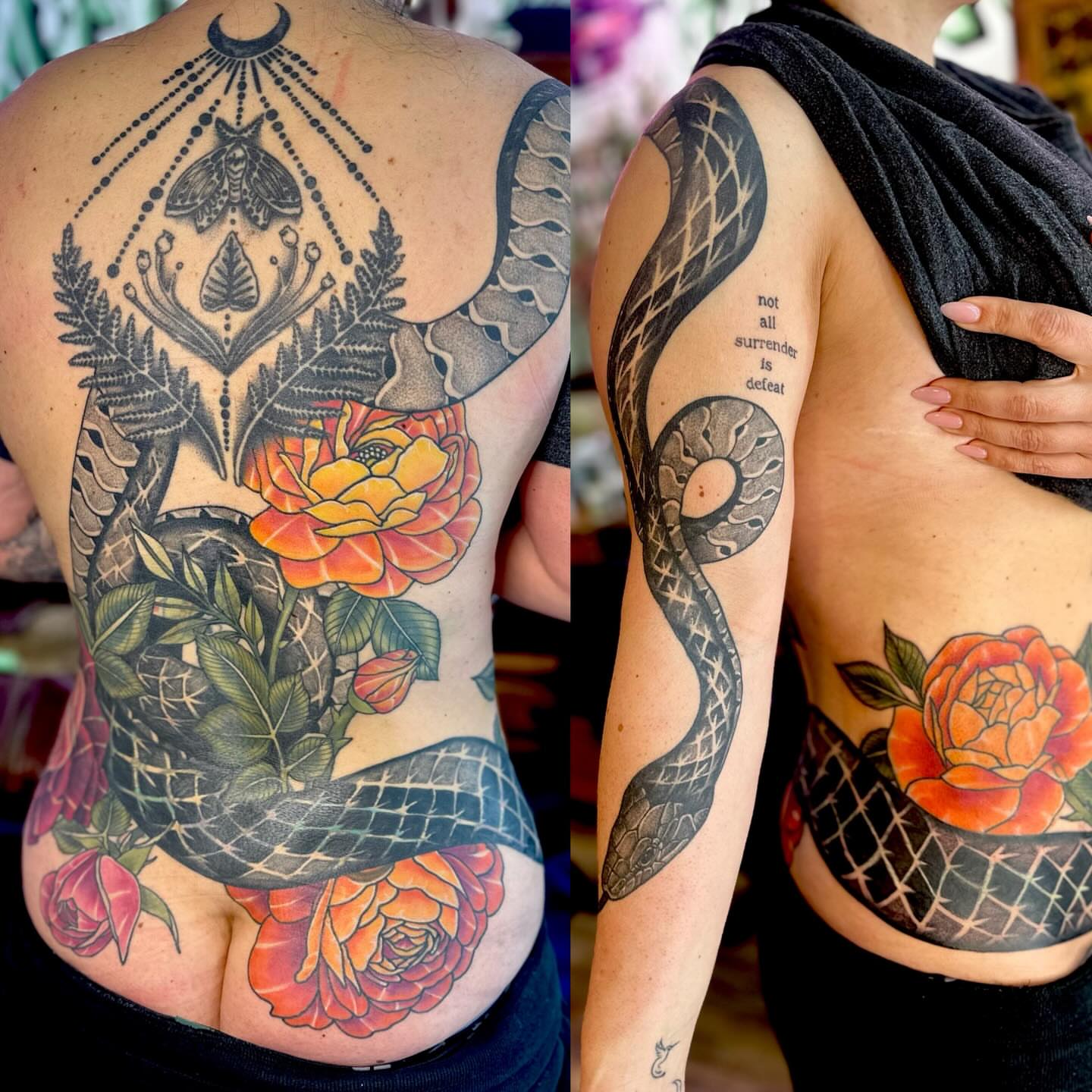 Snake and roses American traditional tattoo on the back by Leeuh Vandever