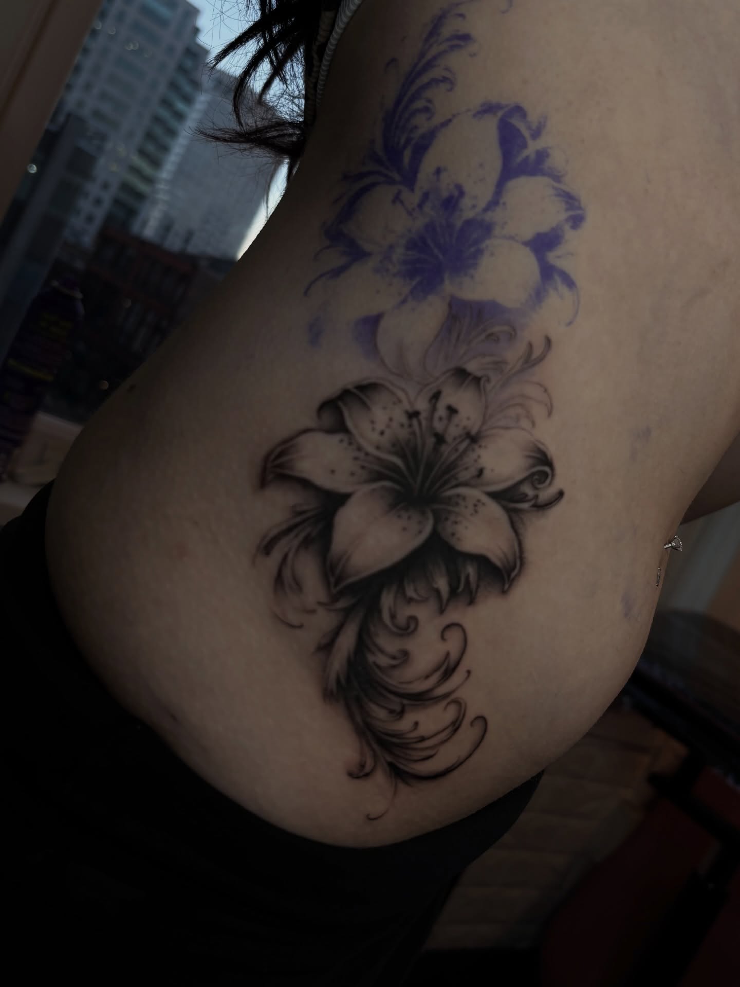 Lily flowers black and grey tattoo on the thigh by Silvia :)