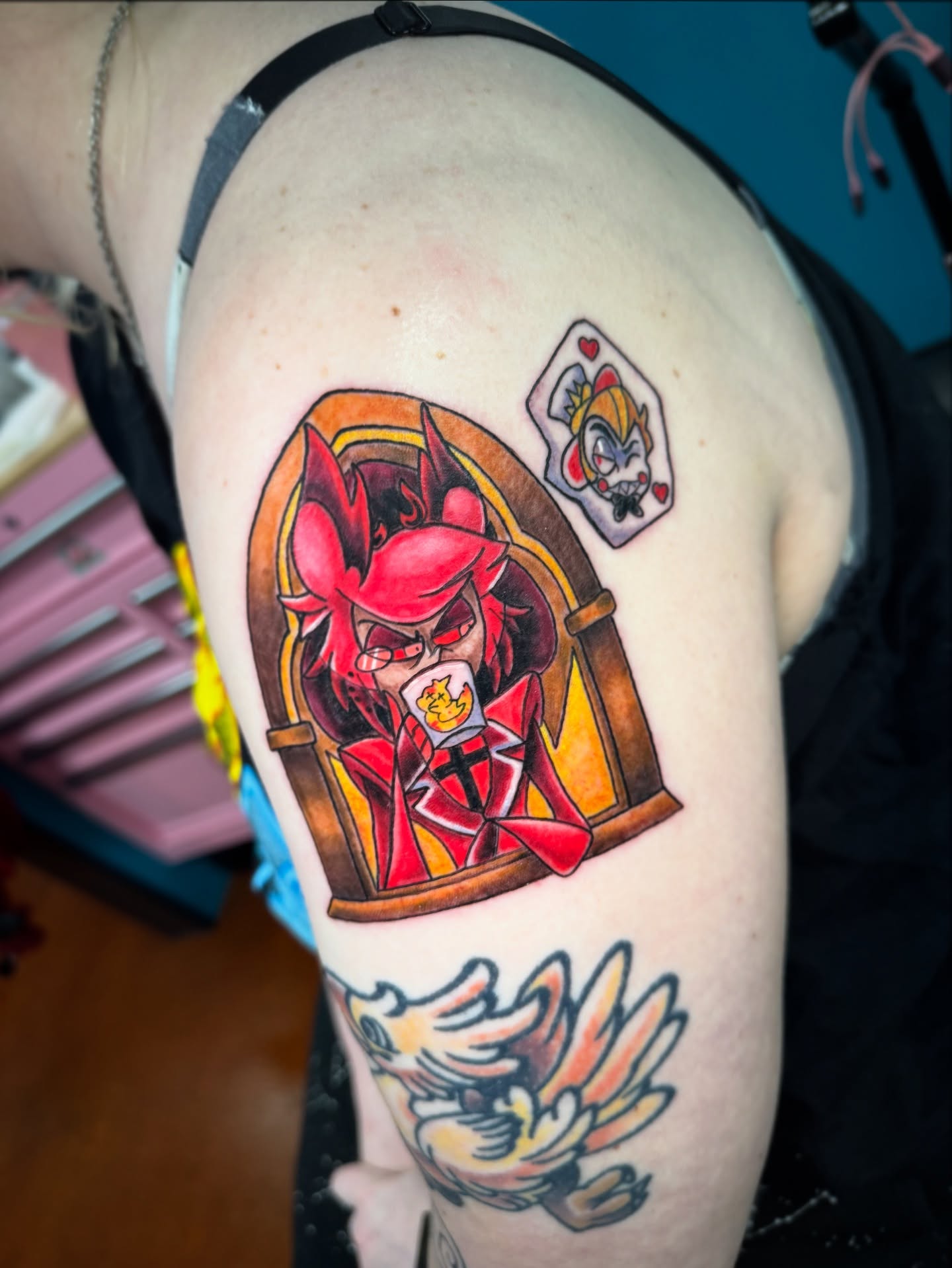 Jester new school tattoo on the thigh by Breanna B