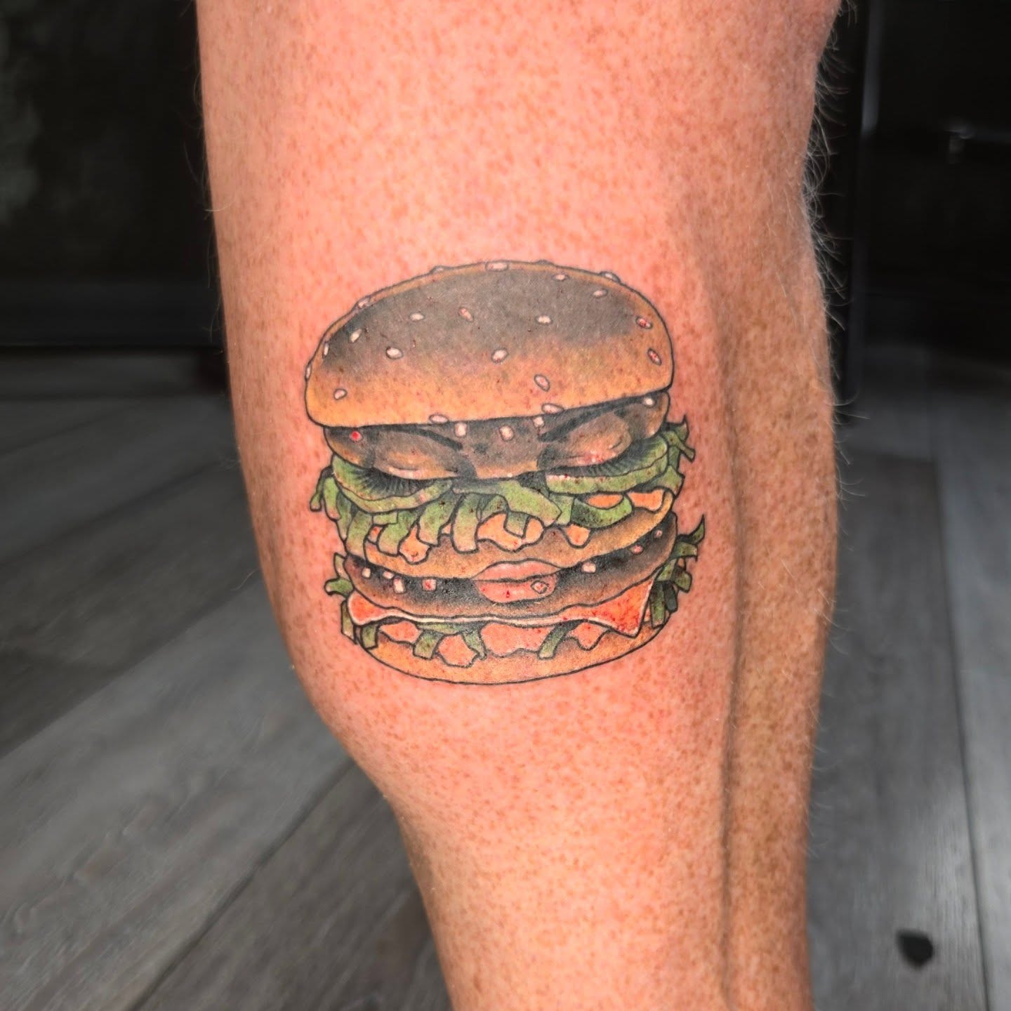 Hamburger realism tattoo on the thigh by Britty Love, Nashville, Tennessee