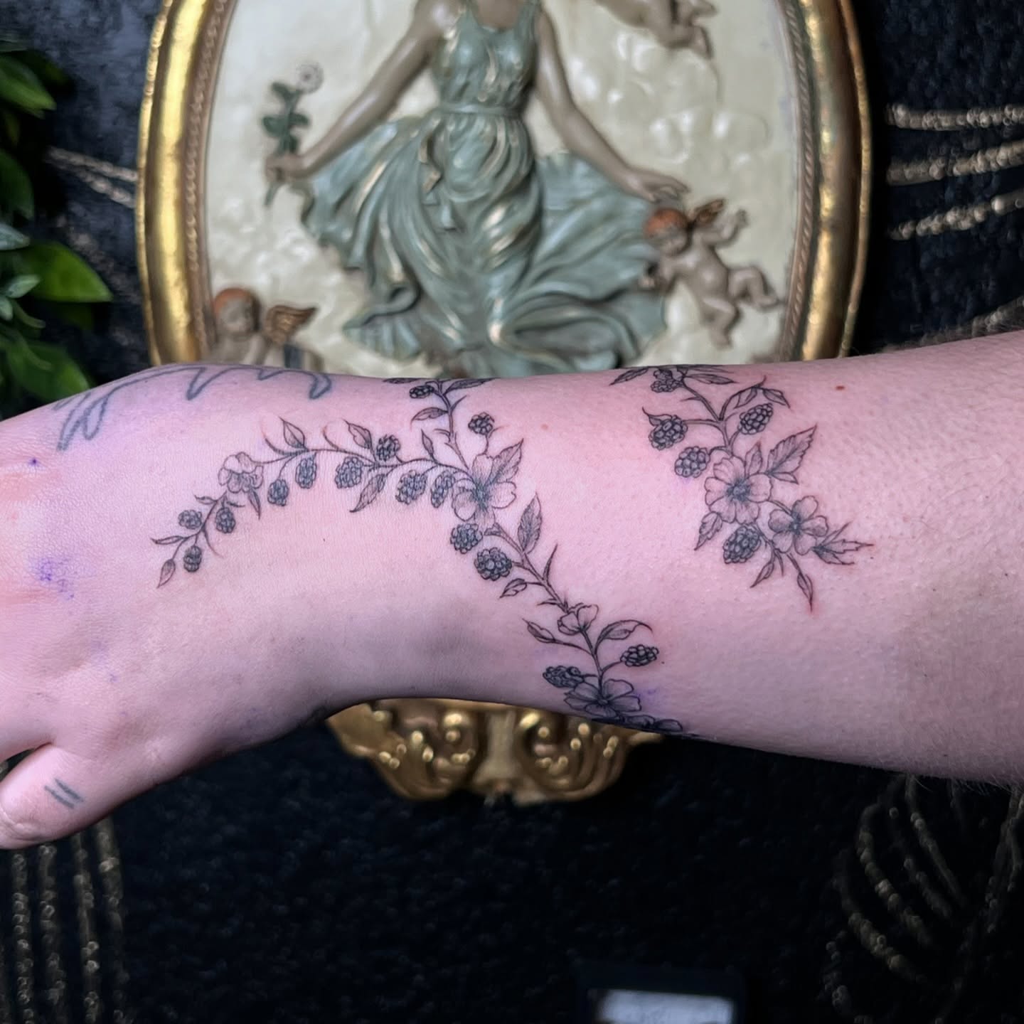 Flower vine black and grey tattoo on the forearm by Ladyjutsu