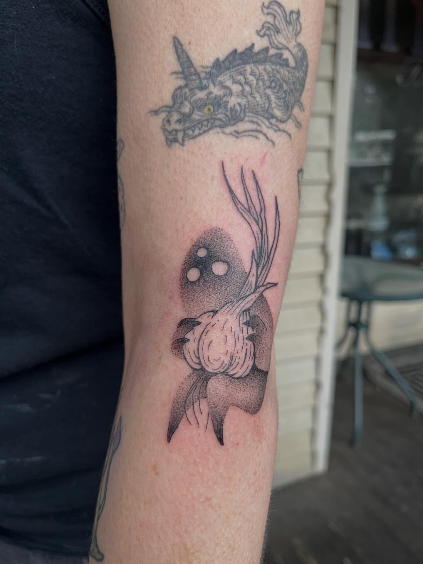 Fish dotwork tattoo on the forearm by Vincent Espinoza, Eugene, Oregon