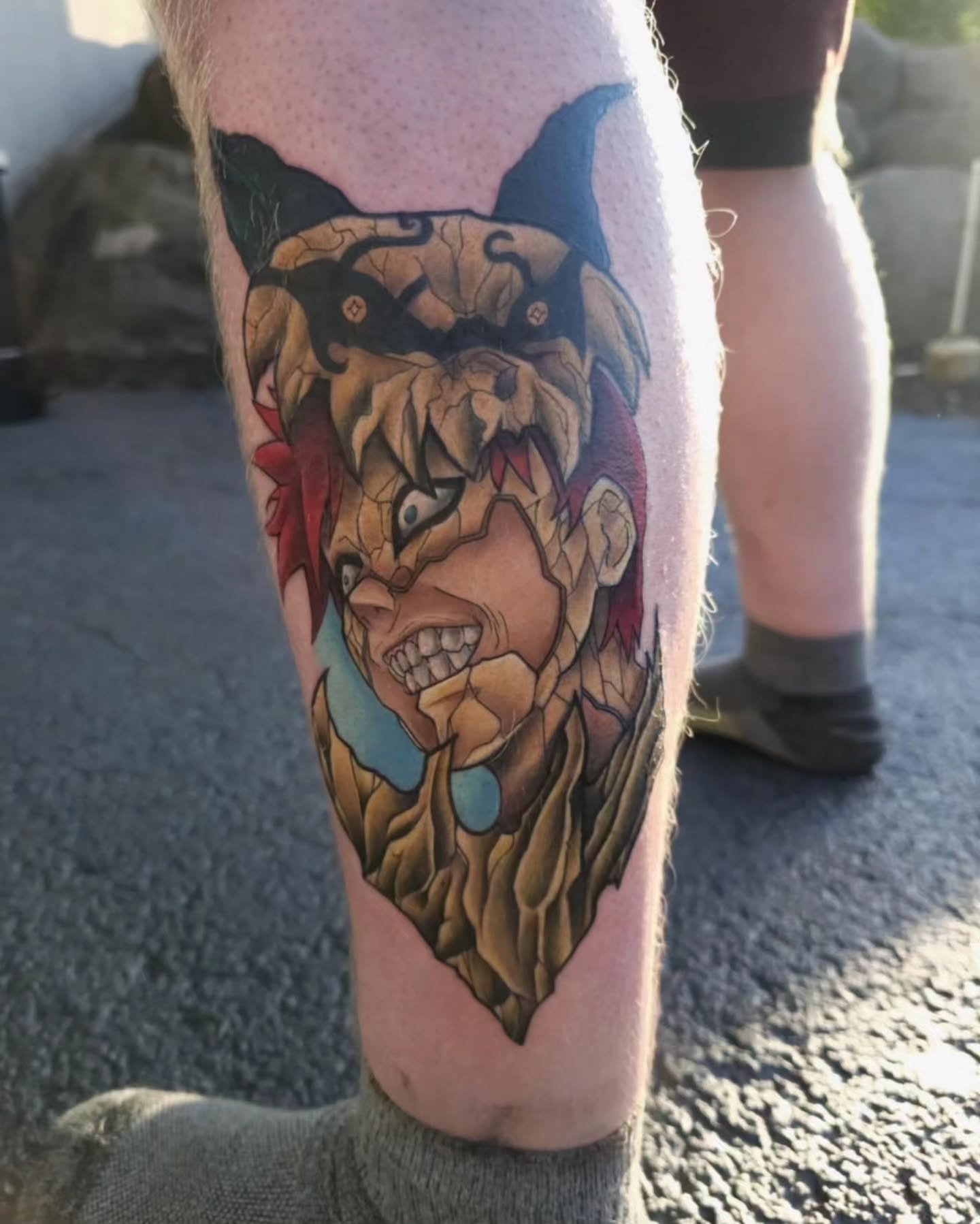 Beastly creature dotwork tattoo on the calf by Devan Vankirk