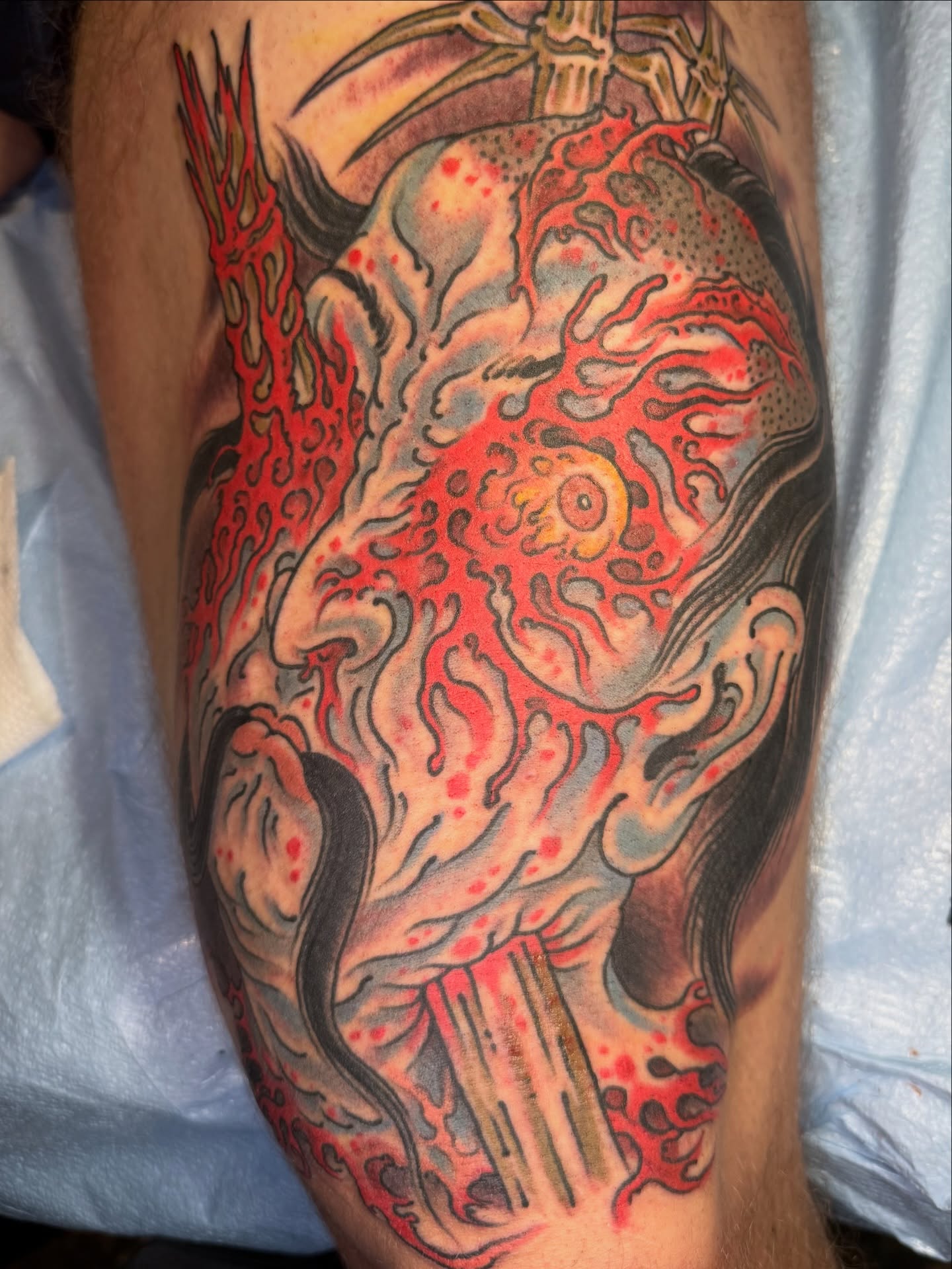 Fire-breathing dragon japanese irezumi tattoo on the thigh by J Ranno, Richmond, Virginia