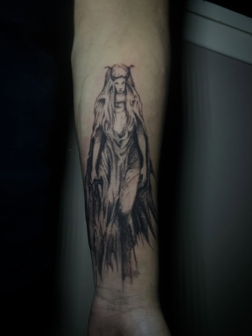 Ghostly figure dark realism tattoo on the forearm by @halfwit__