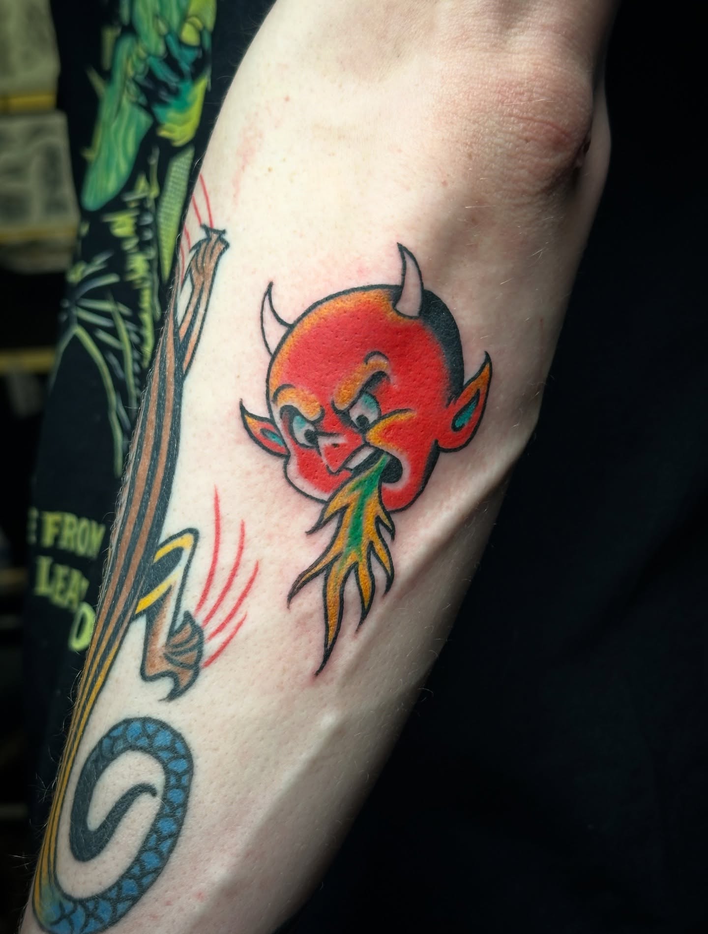 Devil American traditional tattoo on the forearm by Karl Hegwein, Portland, Oregon