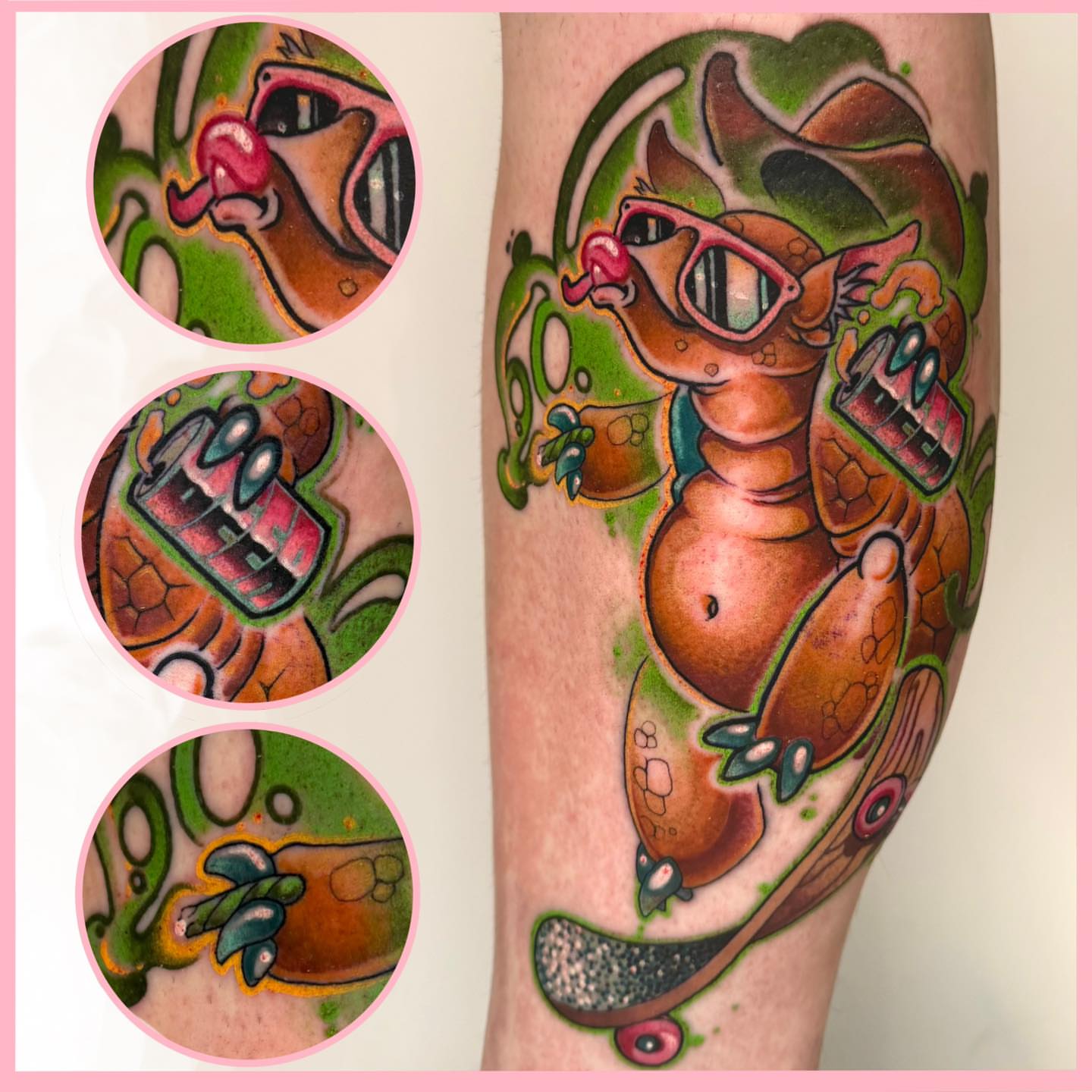 Dragon on skateboard new school tattoo on the forearm by Tattoos by Aeron Herald Maurbjorn, Sioux