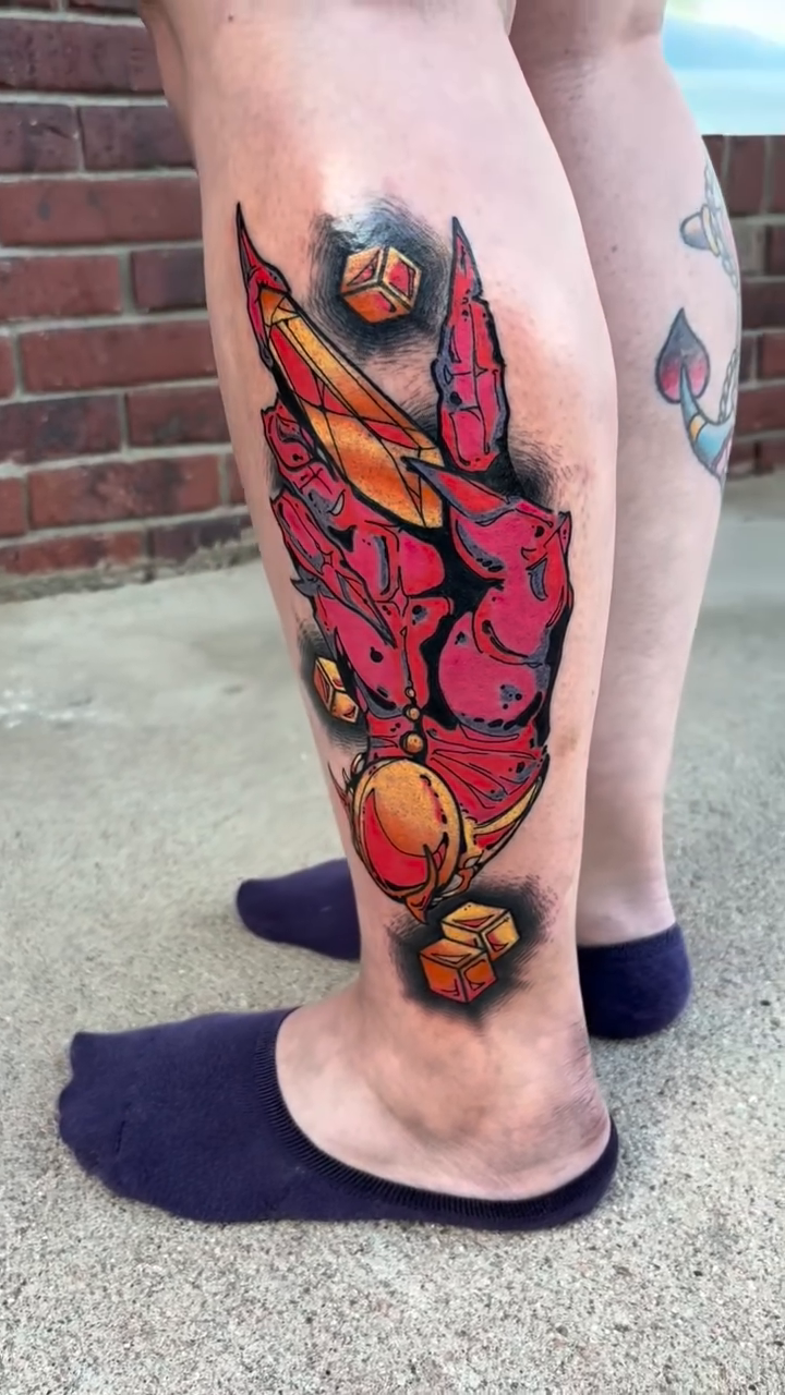Demon hand with dice neo-traditional tattoo by Ghost Ham Tattoos