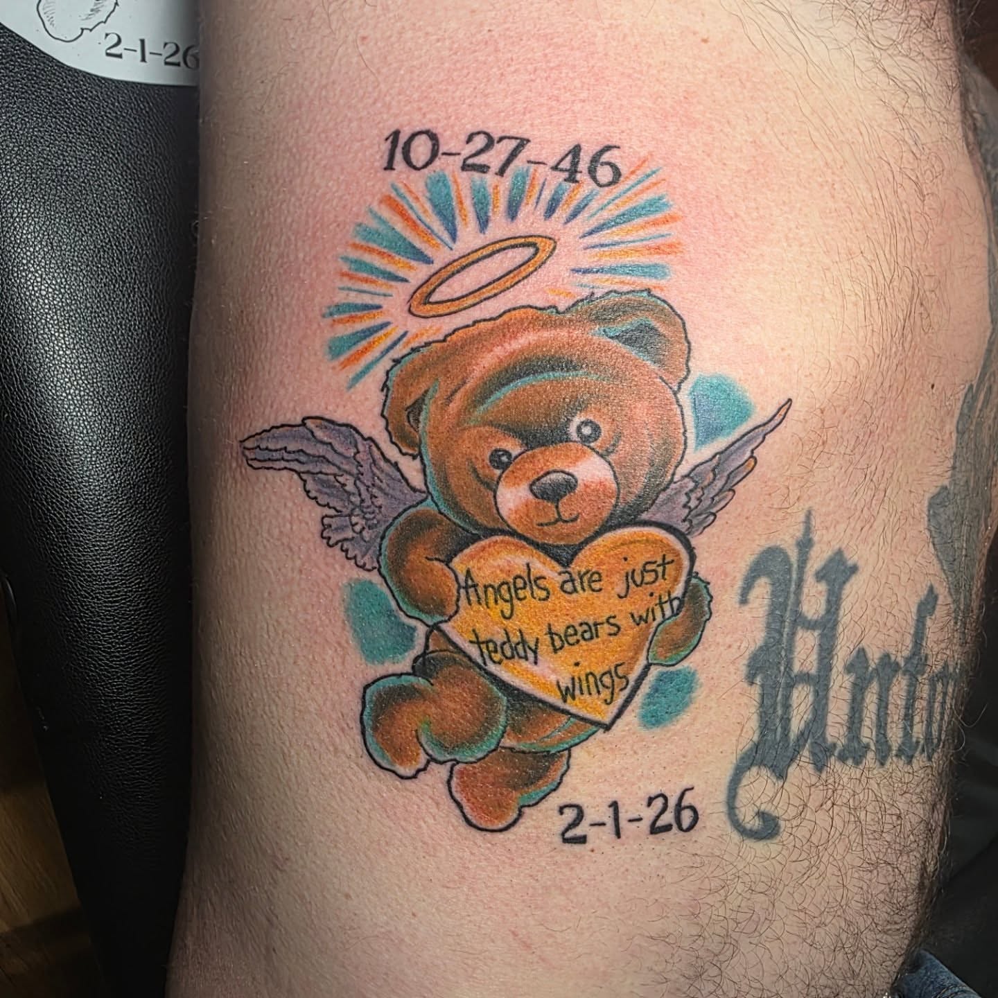 Teddy bear with wings new school tattoo on the thigh by Rusty Williams