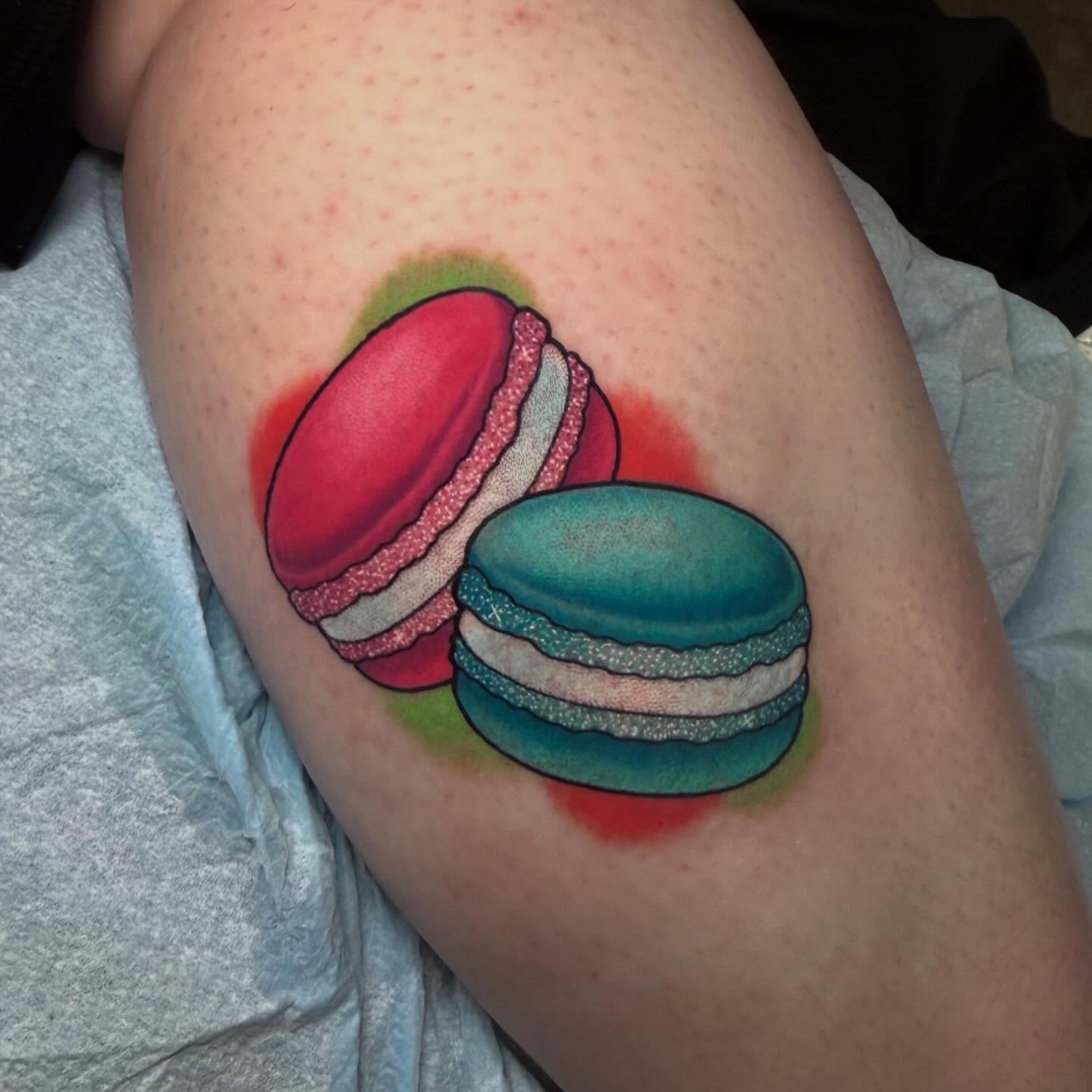 Macarons realism tattoo on the thigh by πΈπππππππ πΈππππππππ, Bel Air, Maryland