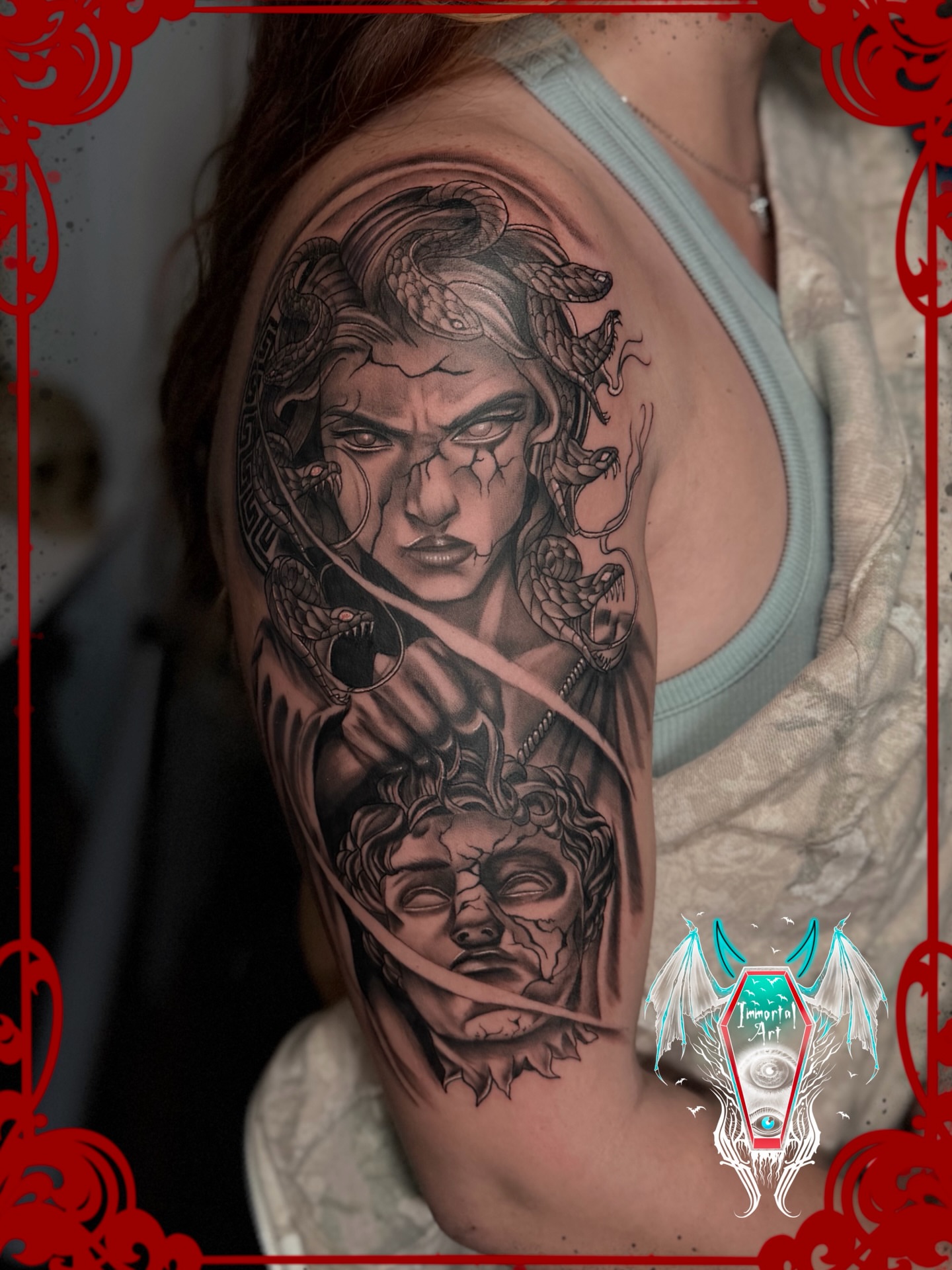 Medusa realism tattoo on the shoulder by Denis Seregin