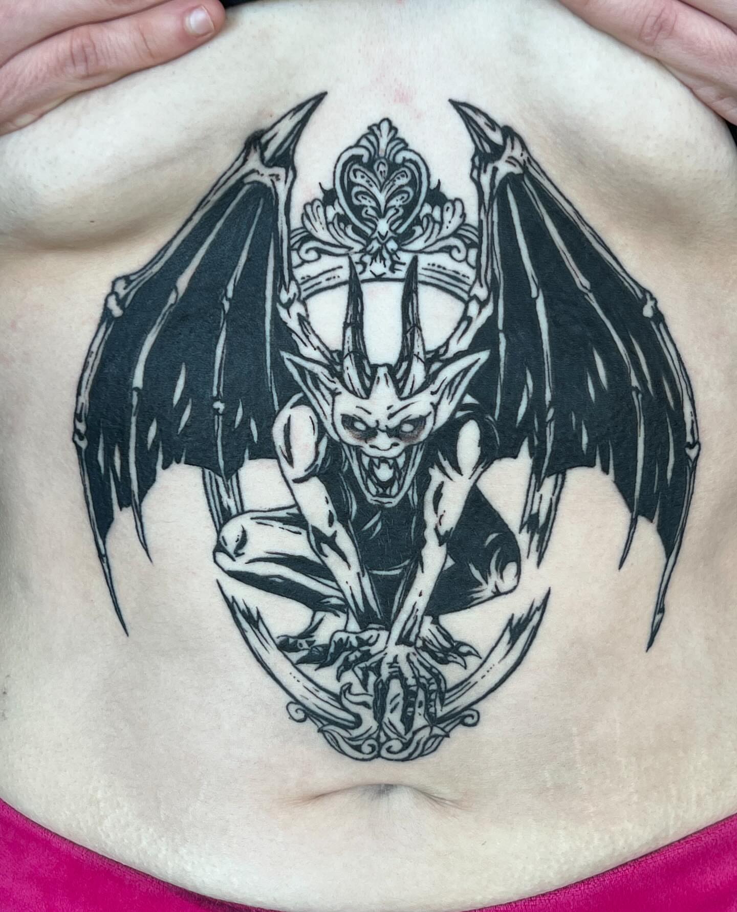Demon black and grey tattoo on the chest by Callie πͺ