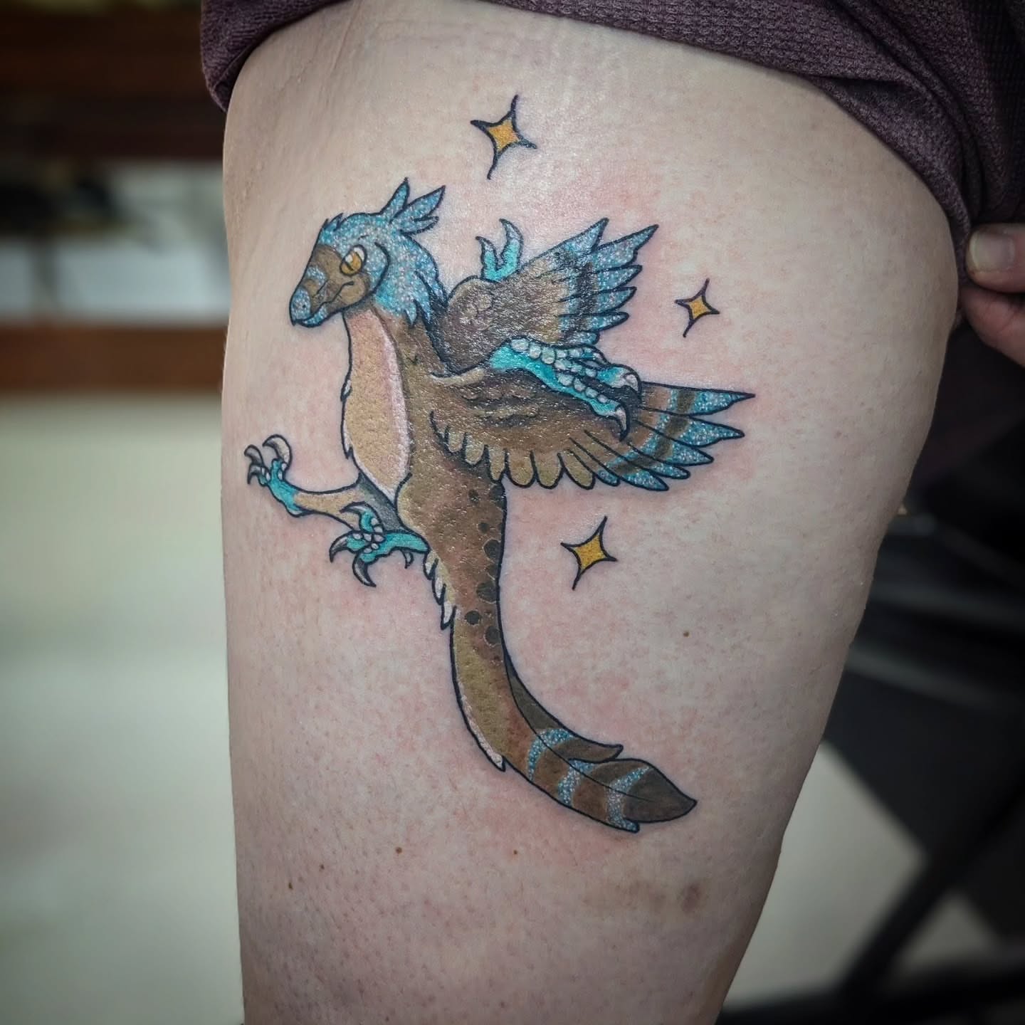 Mythical creature new school tattoo on the thigh by 𝕸𝖆𝖉𝖎 (𝕸𝖆𝖉 𝕯𝖔𝖌)