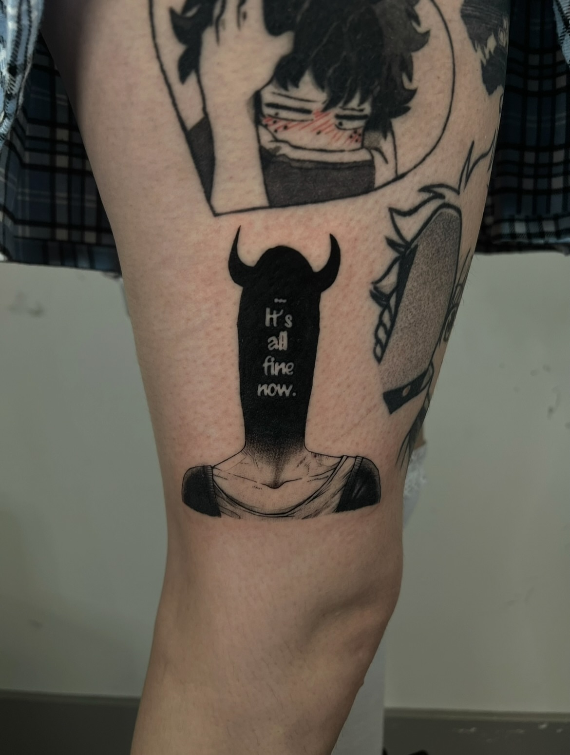 Knife with text black and grey tattoo on the forearm by ♡ ant ☆