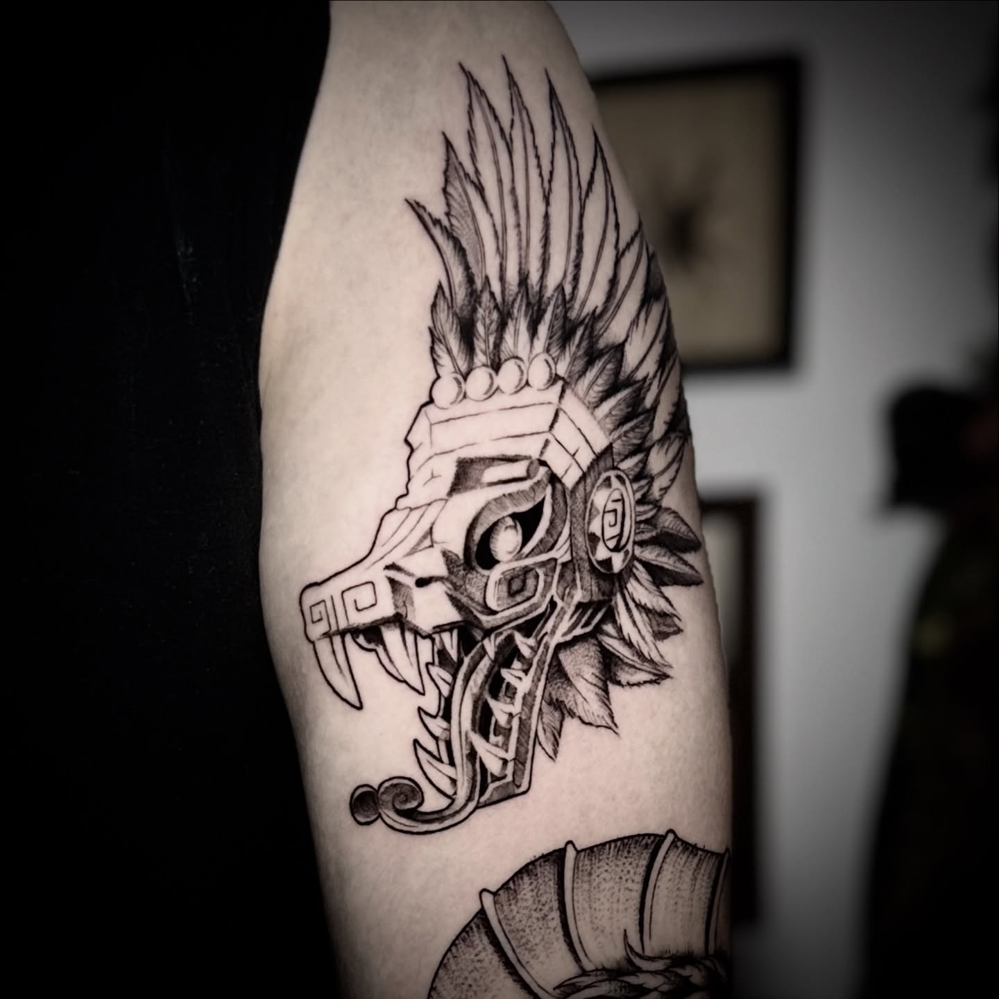 Maya warrior mask black and grey tattoo on the forearm by † Aileen † Chicago Tattoo Artist