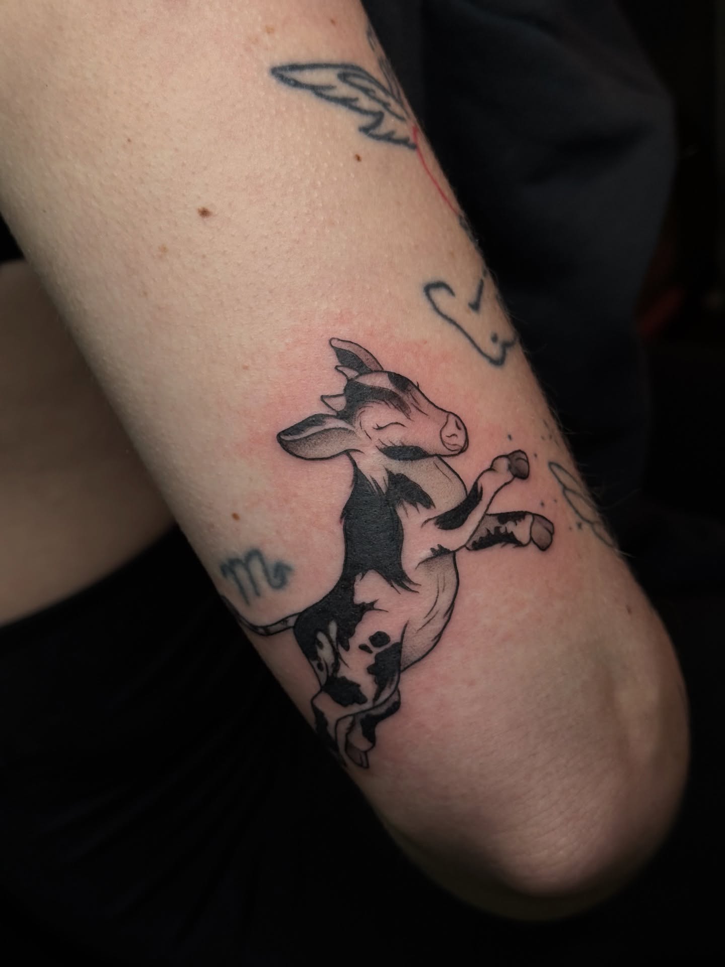 Goat black and grey tattoo on the forearm by Lily Bejarno