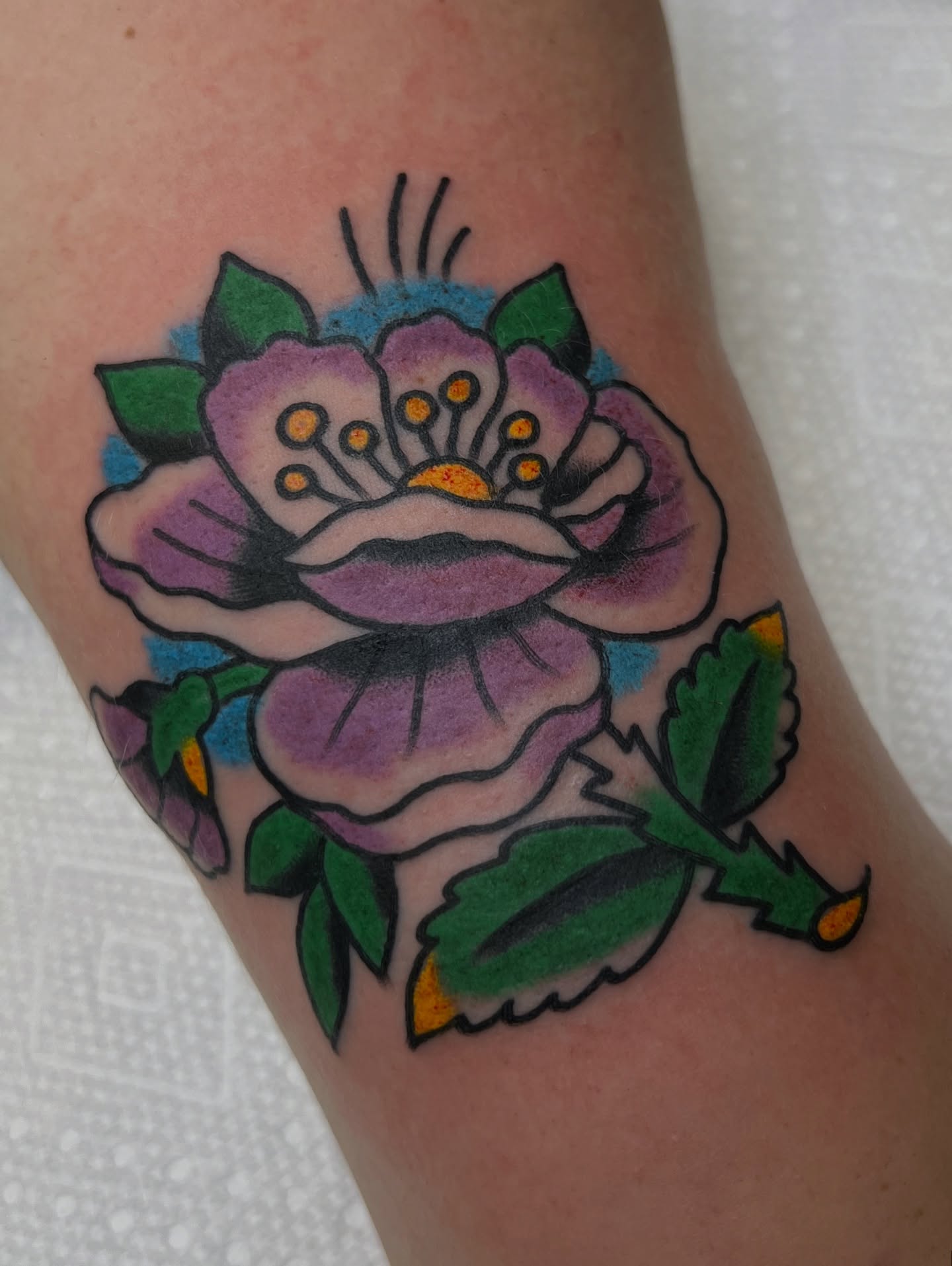Purple rose American traditional tattoo on the forearm by Alva - DFW Tattoo Artist