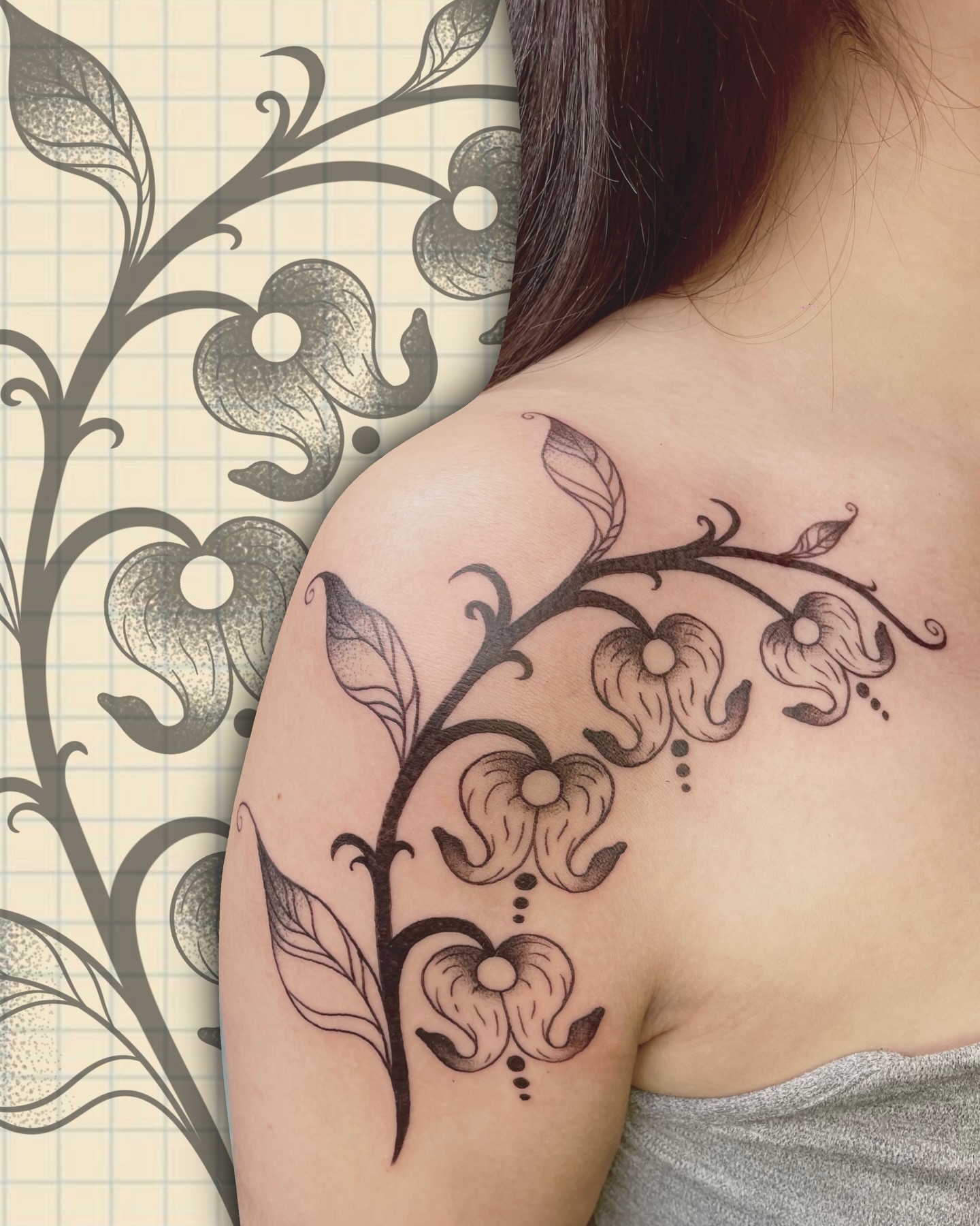 Floral vine dotwork tattoo on the shoulder by Sydney “Goose “ Lange