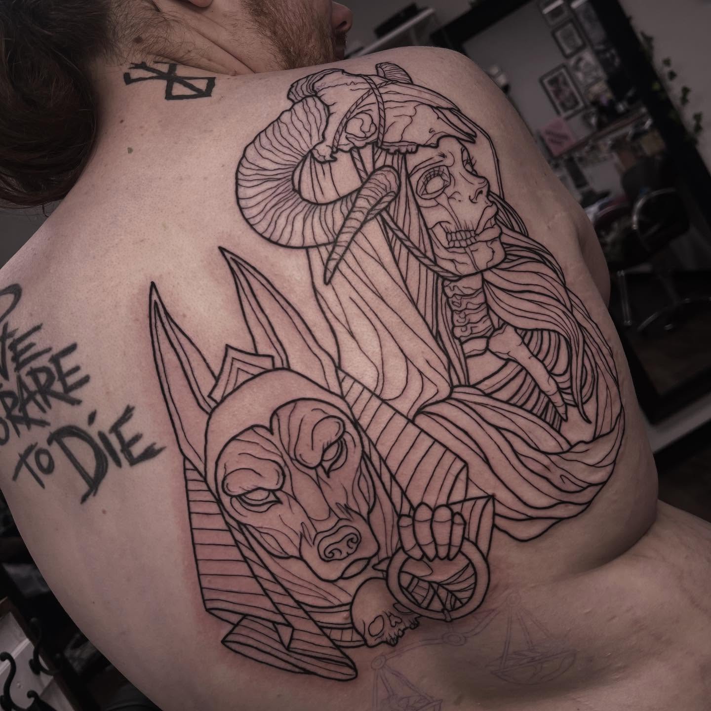 Ram and skeleton realism tattoo on the back by Sarah Foltz