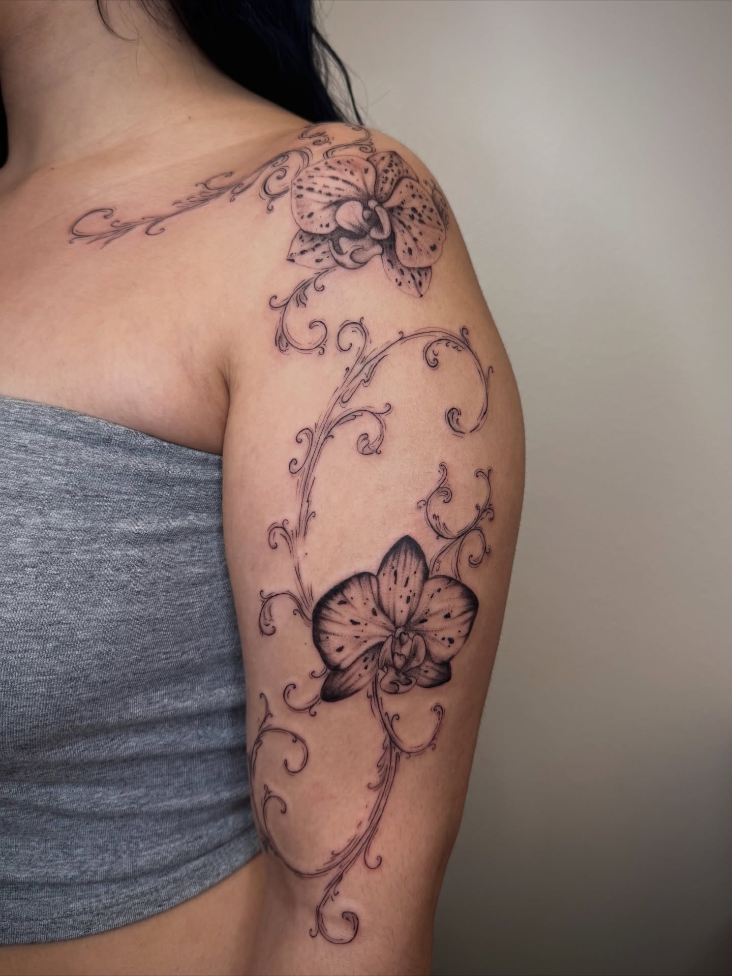 Orchid black and grey tattoo on the shoulder by Zornitsa ☆
