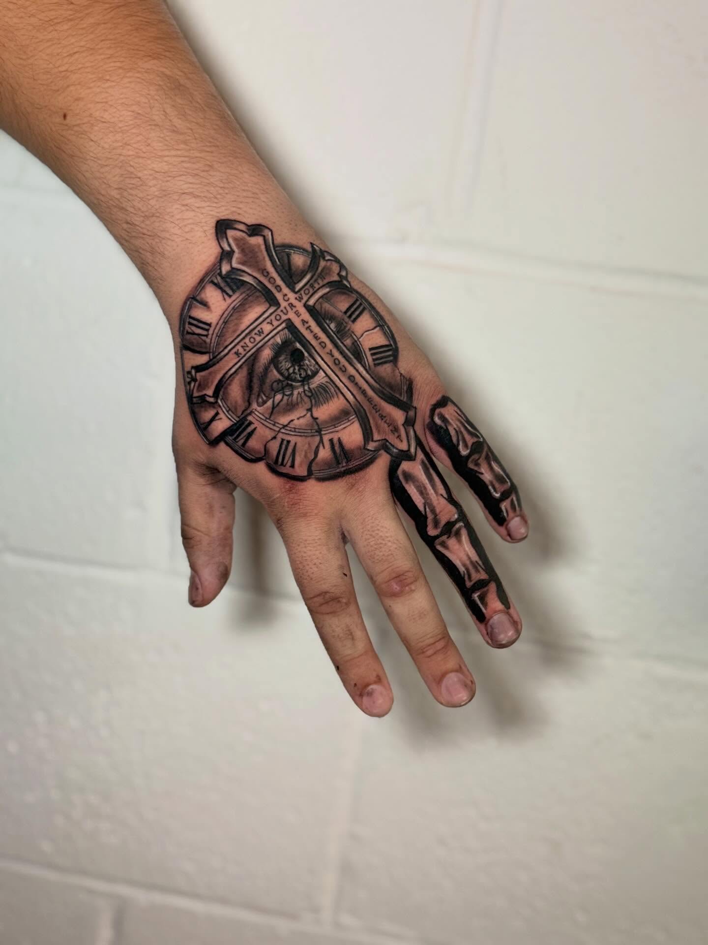 Clock and eye geometric tattoo on the hand by dotMX