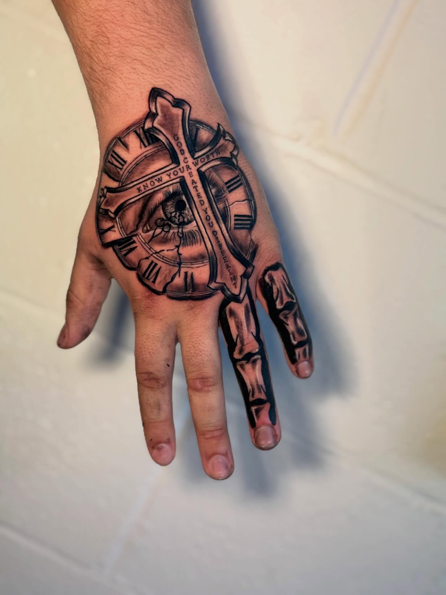 Eye and clock realism tattoo on the hand by dotMX