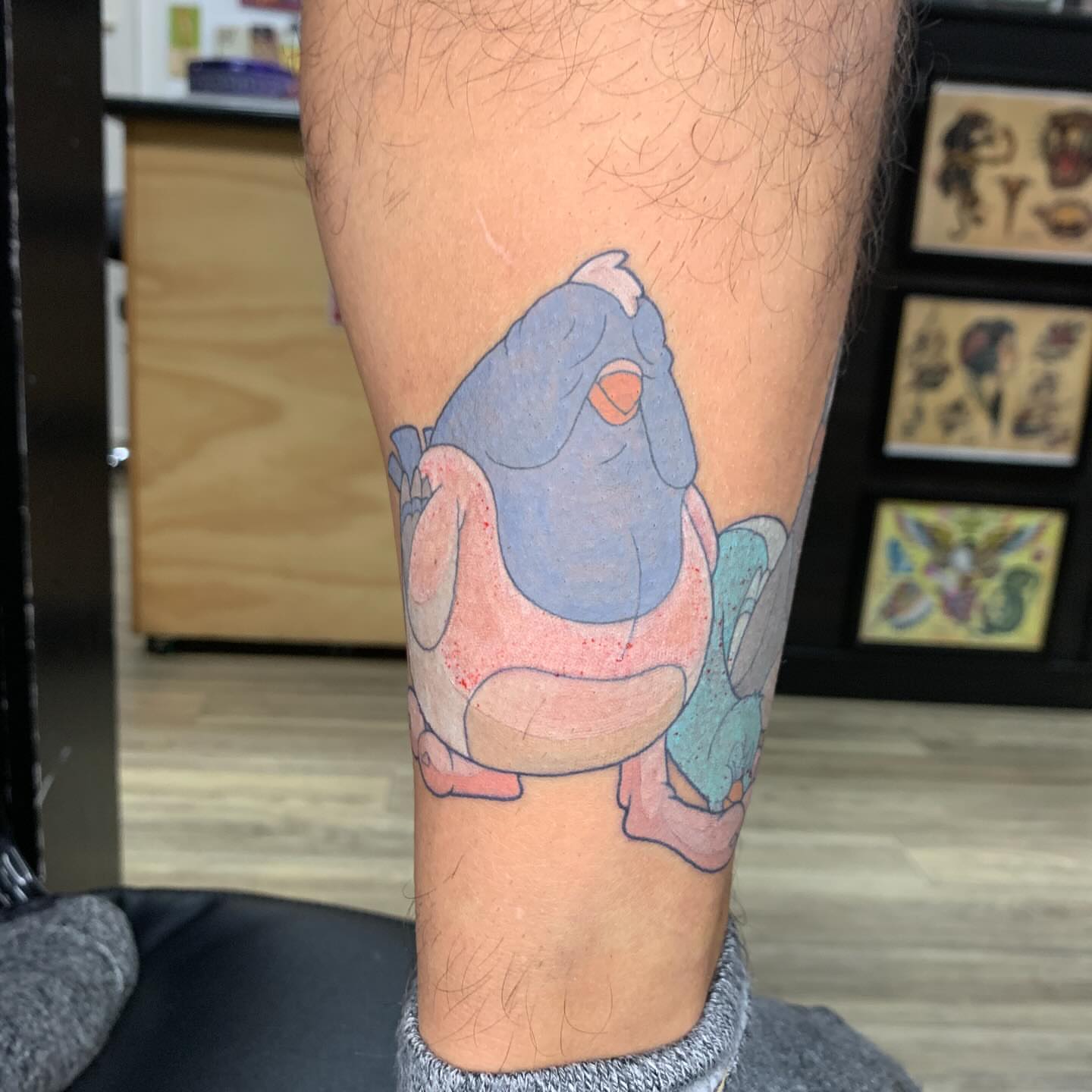 Frog dotwork tattoo on the calf by Kitty Jones, Berkeley, California