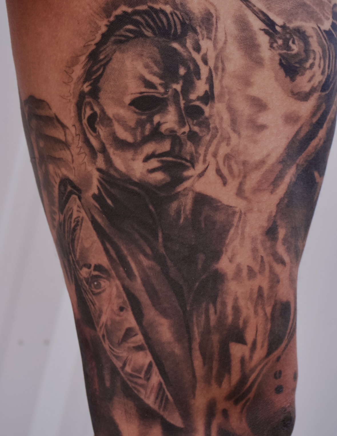Michael Myers realism tattoo on the forearm by R O M y R I N C Ó N