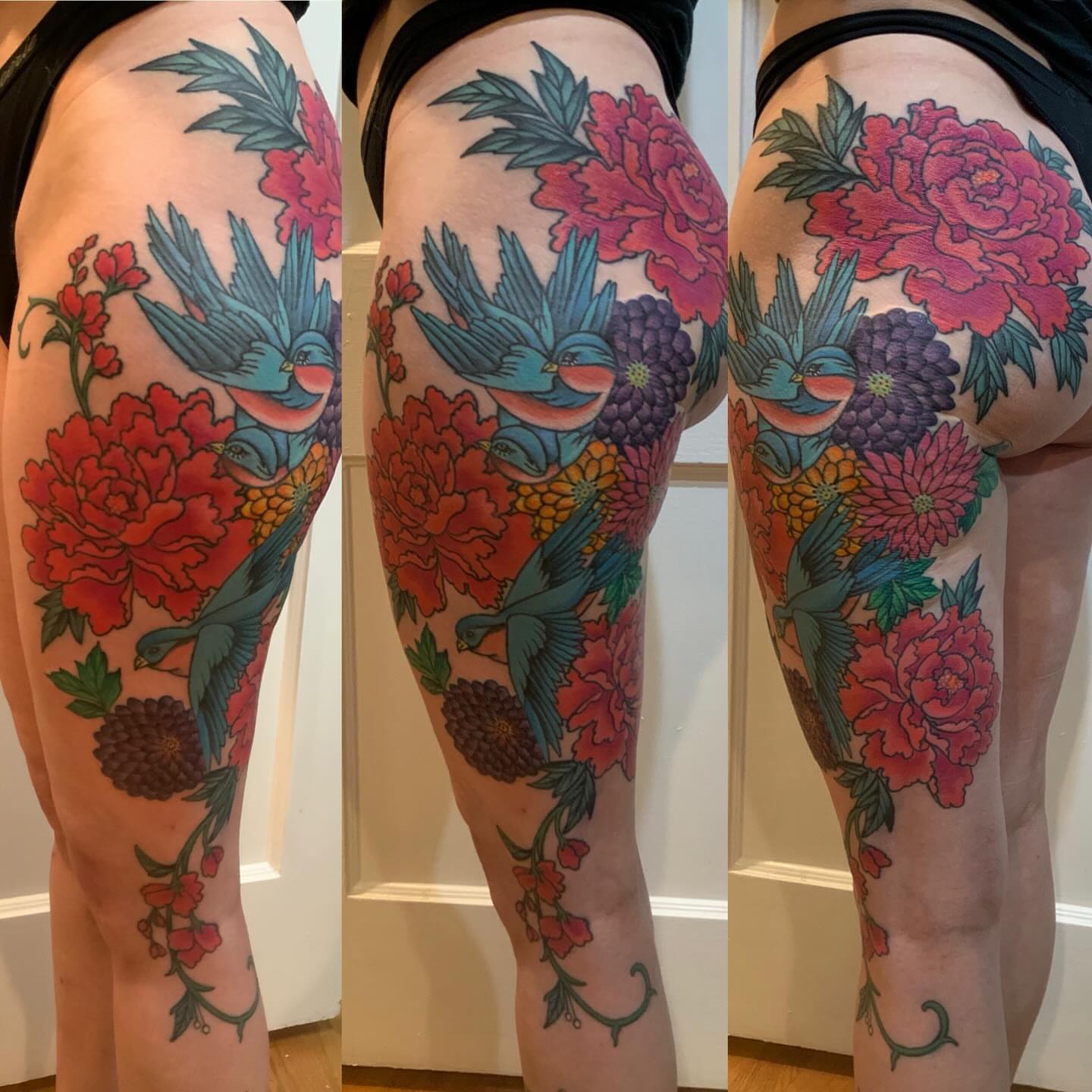Birds and flowers American traditional tattoo on the thigh by Laura Saadati Kepper
