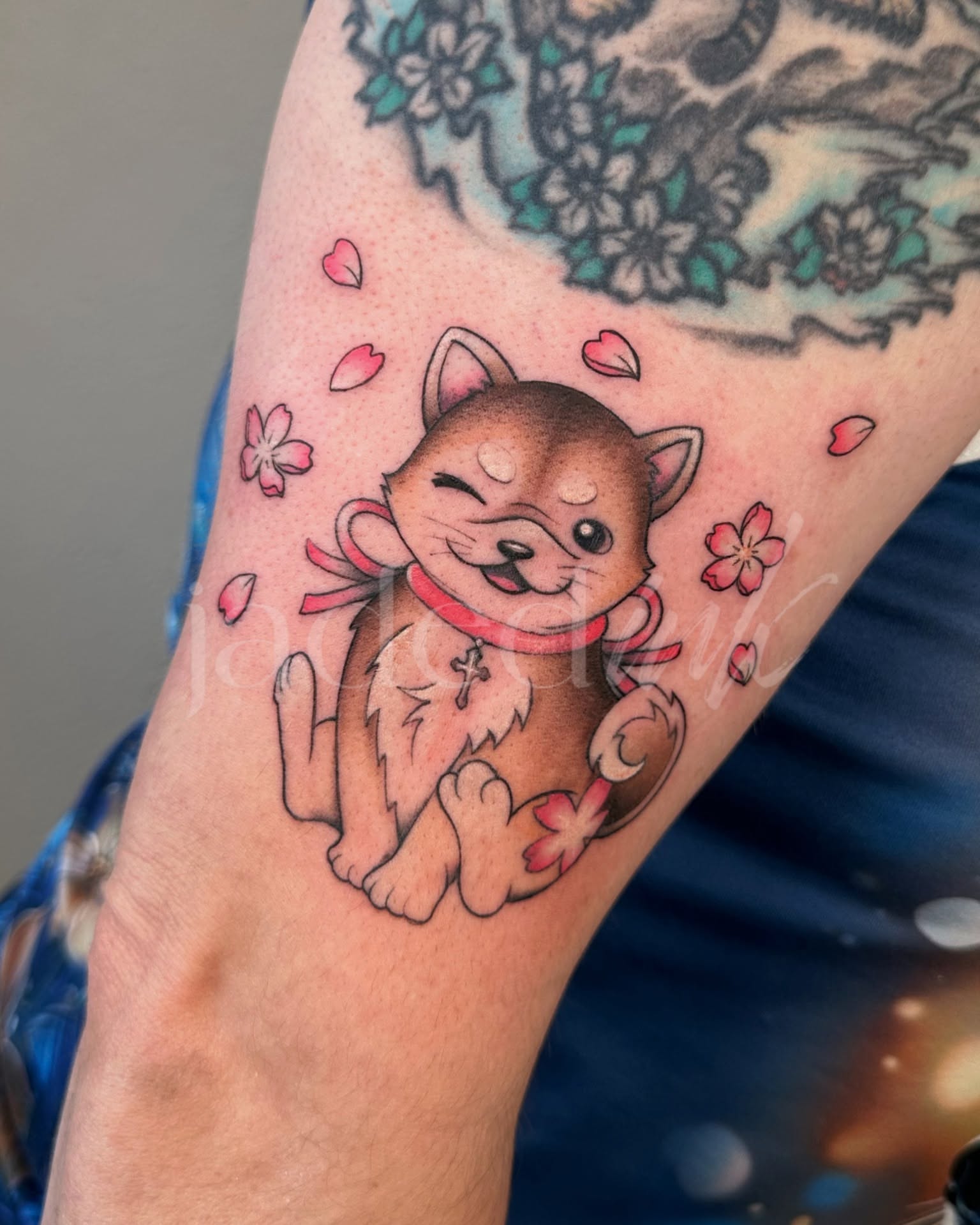 Cherry blossom dog dotwork tattoo on the forearm by 𝑱𝒂𝒅𝒆𝒅 𝑰𝒏𝒌 𝑷𝒆𝒓𝒎𝒂𝒏𝒆𝒏𝒕 𝑴𝒂𝒌𝒆𝒖𝒑 & 𝑻𝒂𝒕𝒕𝒐𝒐