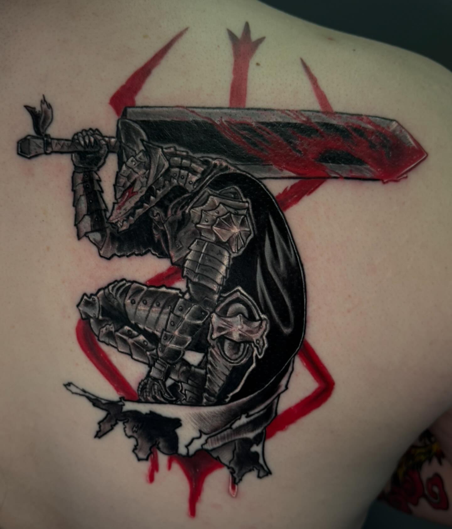 Knight with sword dark realism tattoo on the shoulder by Kodi Green