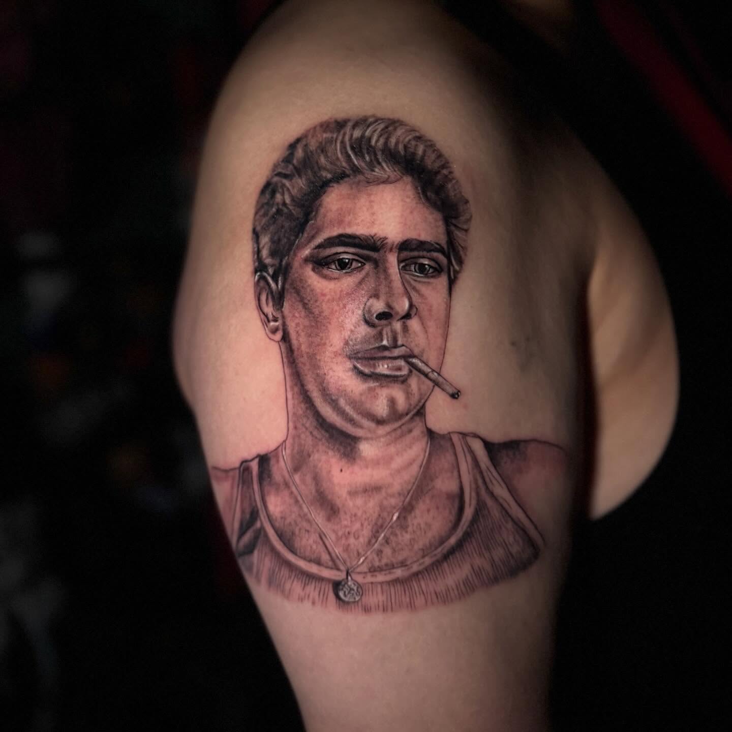 Portrait realism tattoo on the shoulder by Giana Martinez, Wichita, Kansas