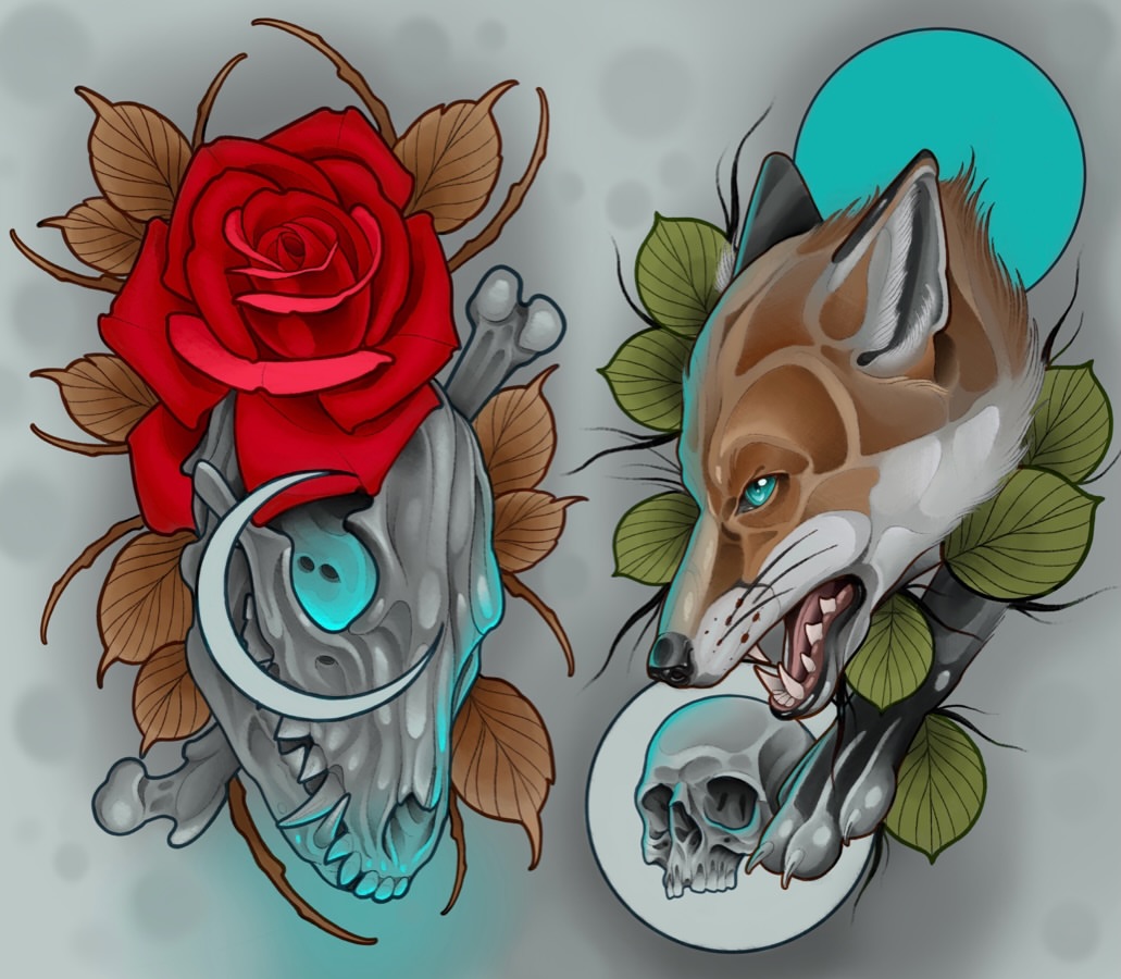 Fox and skull neo-traditional tattoo by 𝐀𝐮𝐬𝐭𝐢𝐧 𝐌𝐨𝐫𝐫𝐢𝐬𝐨𝐧 𝐓𝐚𝐭𝐭𝐨𝐨𝐬