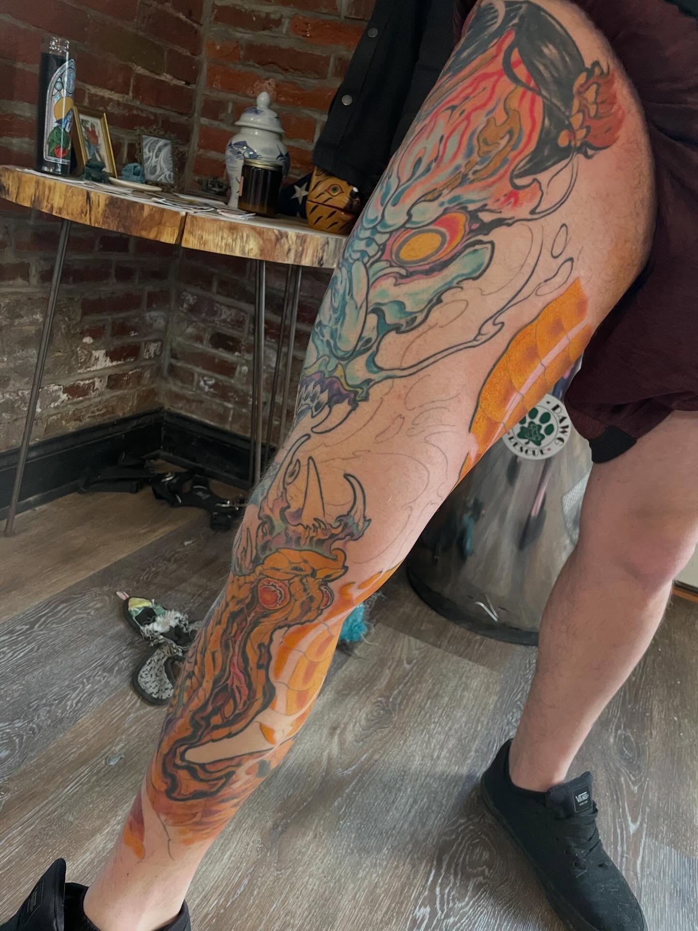 Abstract design new school tattoo on the leg by Billy Haines