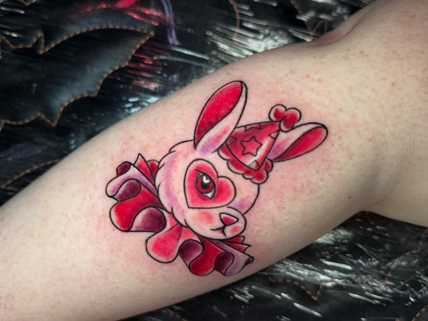 Rabbit new school tattoo on the forearm by Breanna B