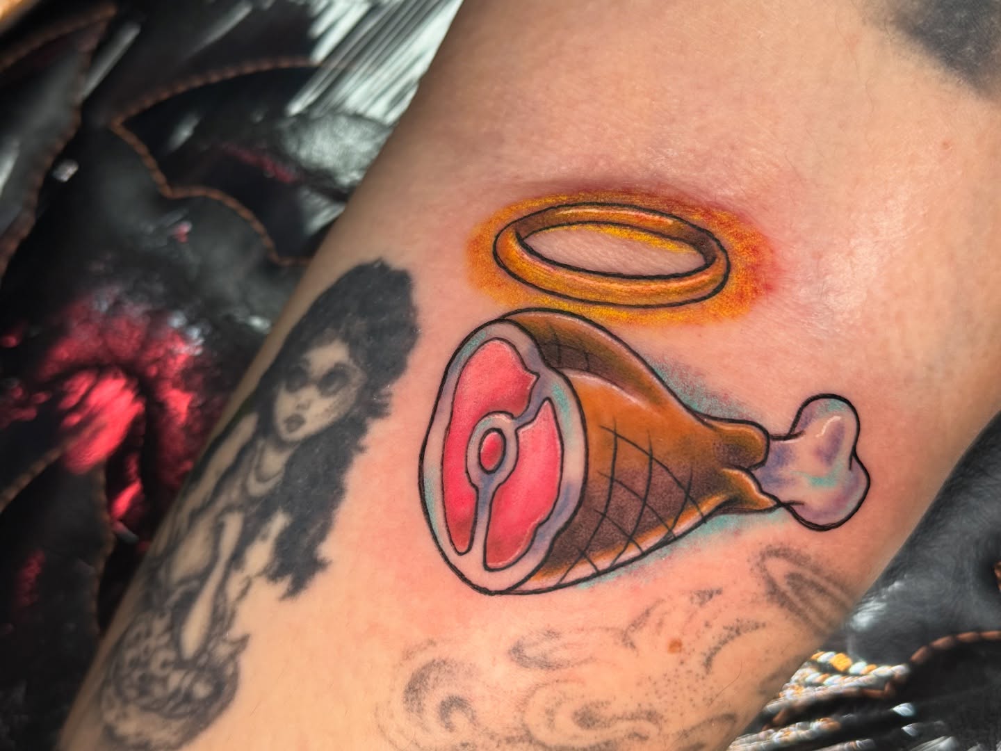 Roast turkey leg realism tattoo on the thigh by Breanna B