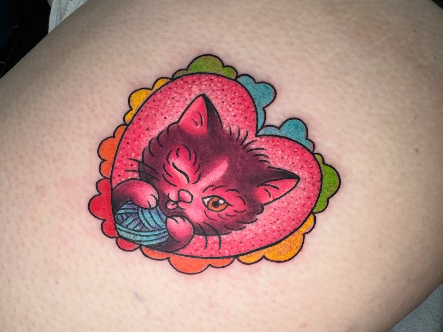 Cat American traditional tattoo on the thigh by Breanna B