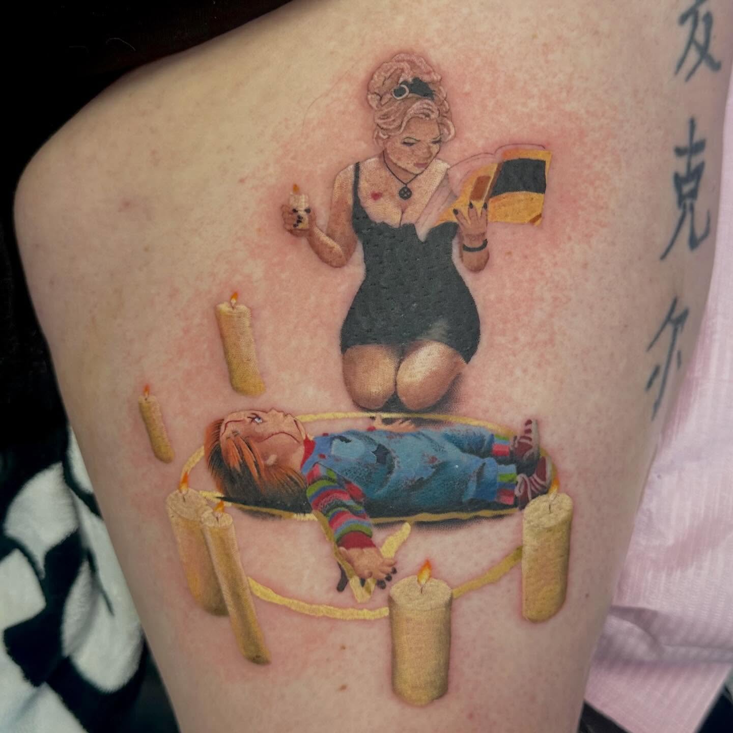 Woman reading book realism tattoo on the thigh by Victoria Parsons, Clarksville, Indiana
