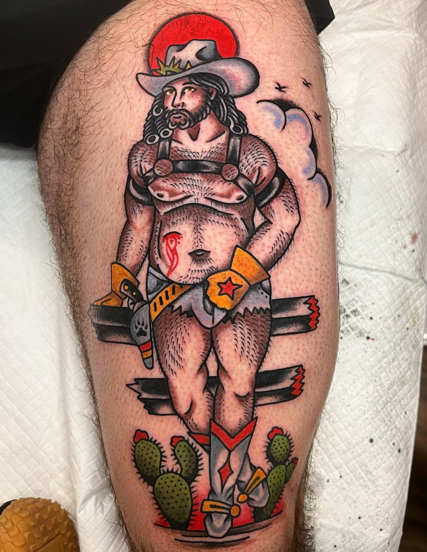 Cowboy and bear American traditional tattoo on the thigh by Matt E.