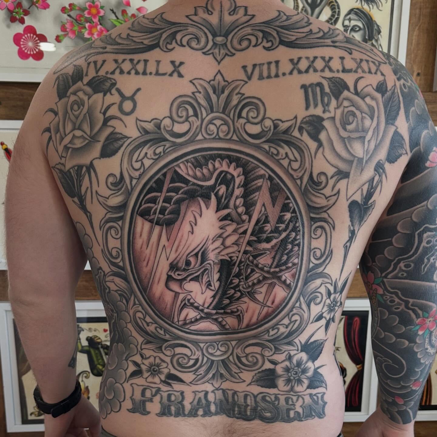 Dragon American traditional tattoo on the back by Austin Murfitt