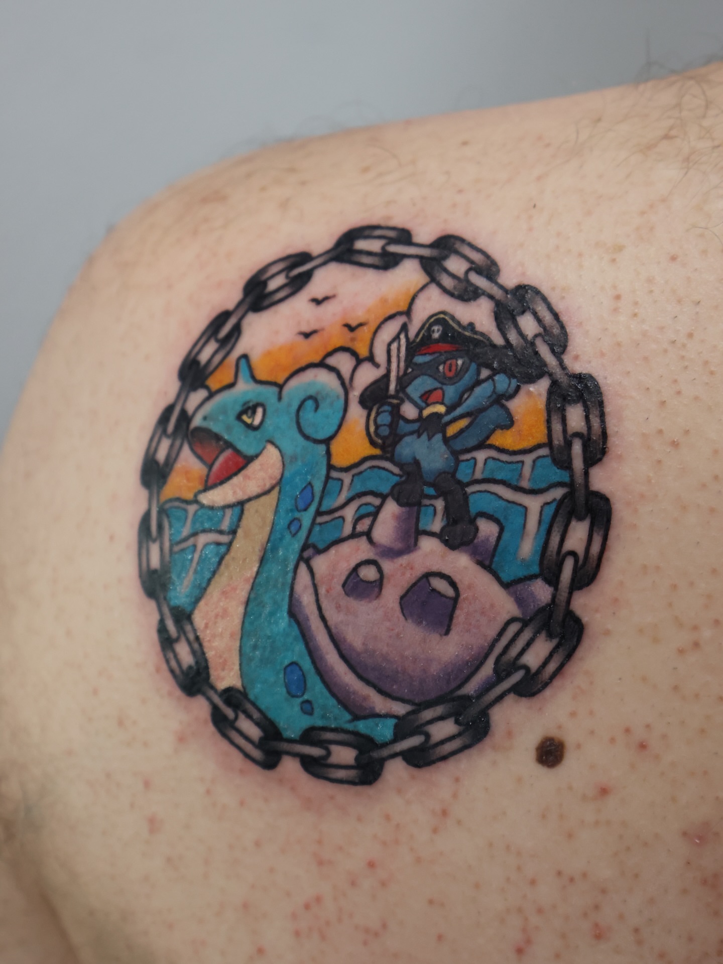 Dragon and pirate anime tattoo on the thigh by Toni🌊