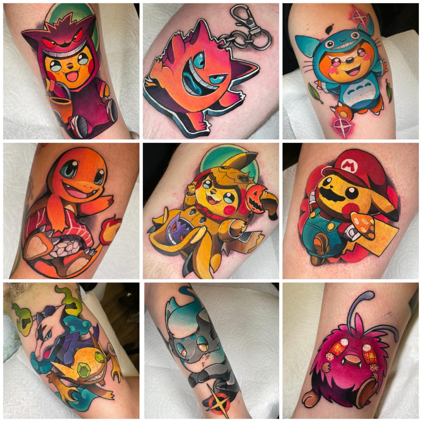 Pokemon characters illustrative tattoo on the forearm by Kenneth Ruiz