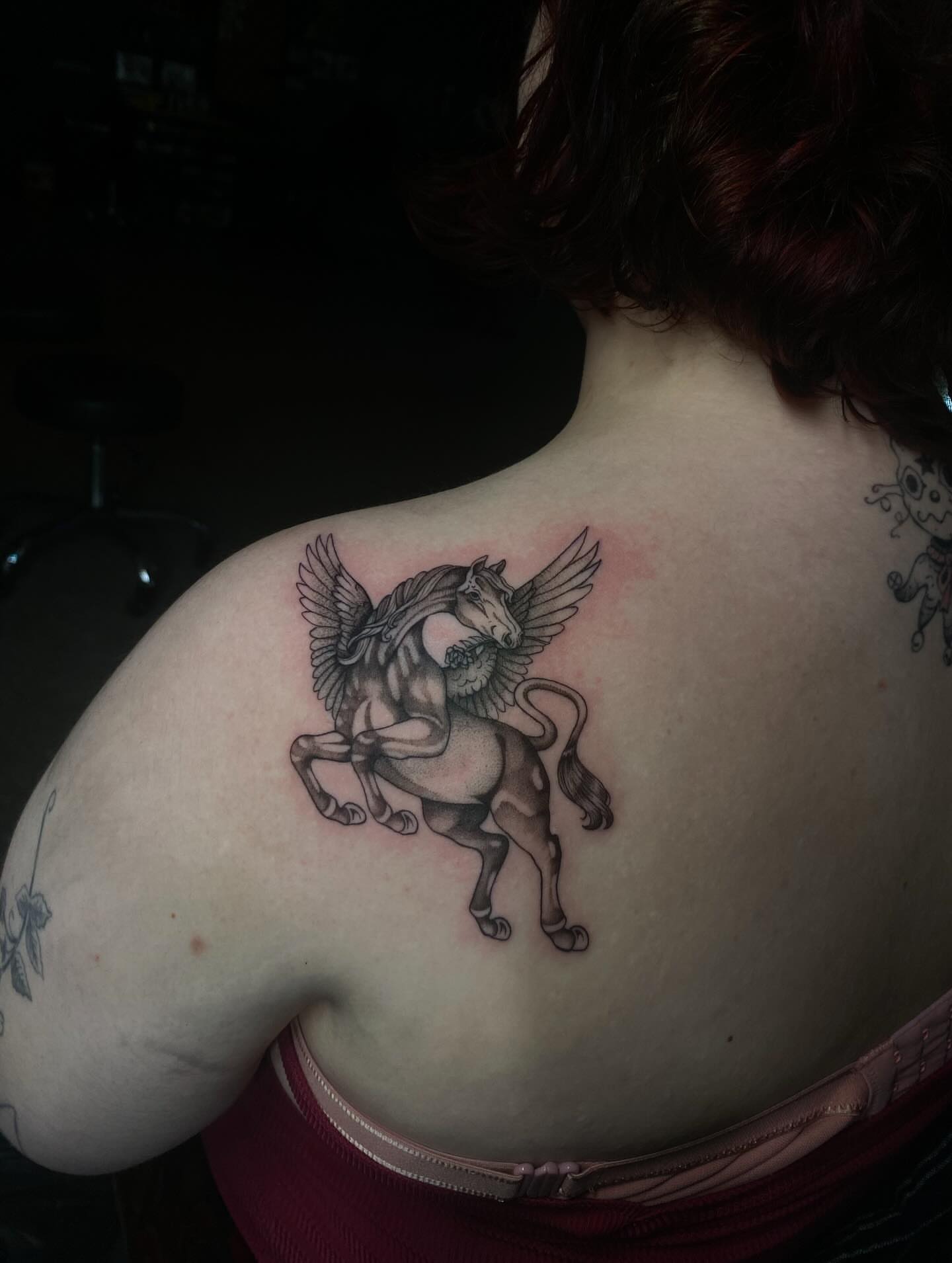 Pegasus black and grey tattoo on the shoulder by 𝕶𝖆𝖒 ~ 𝕿𝖆𝖙𝖙𝖔𝖔 𝕬𝖗𝖙𝖎𝖘𝖙