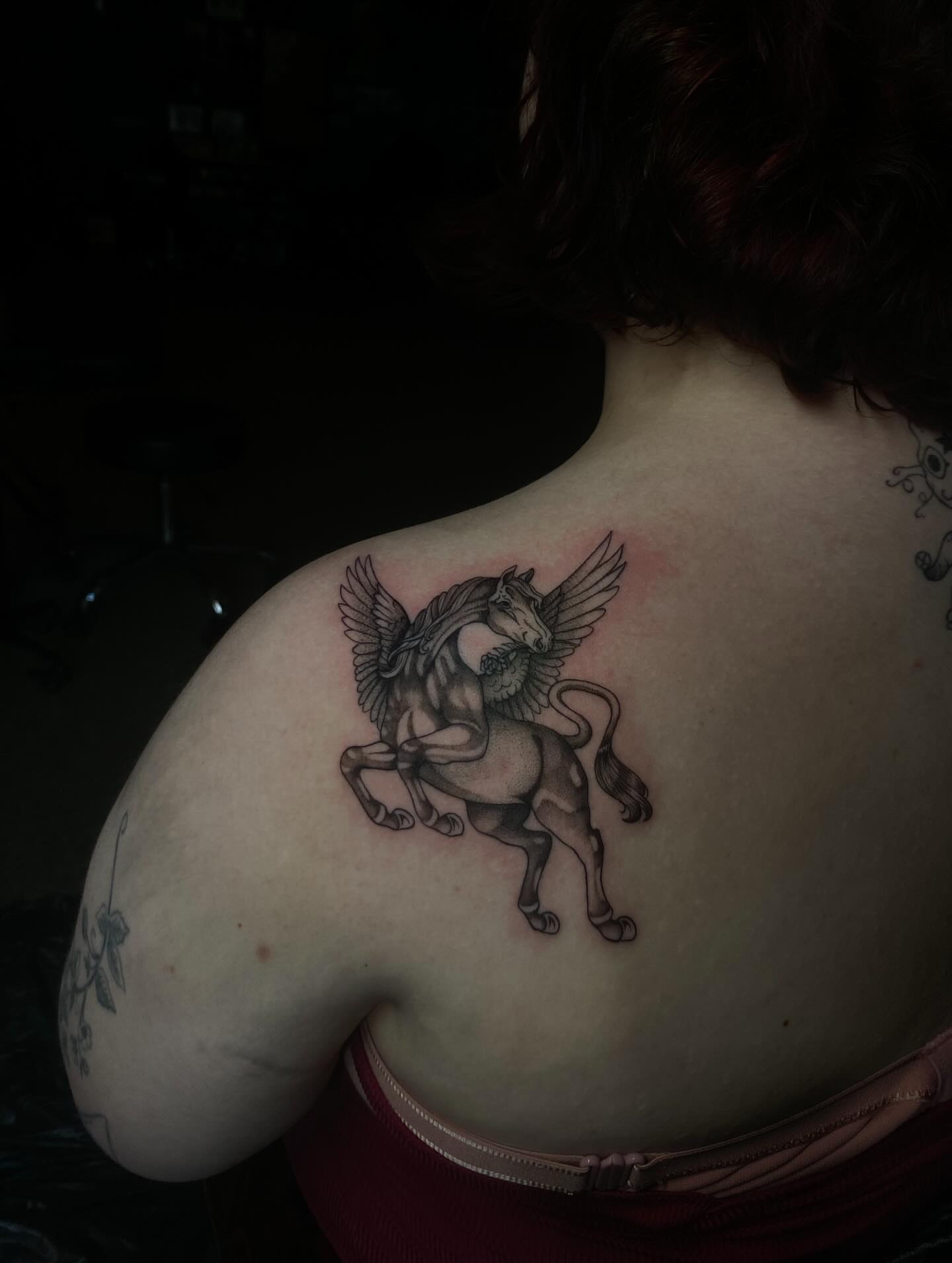 Pegasus black and grey tattoo on the shoulder by 𝕶𝖆𝖒 ~ 𝕿𝖆𝖙𝖙𝖔𝖔 𝕬𝖗𝖙𝖎𝖘𝖙