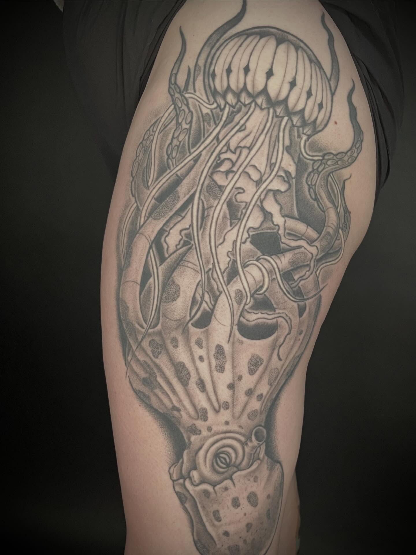 Tattoo by @velesara_tattoo — dotwork, black_and_grey